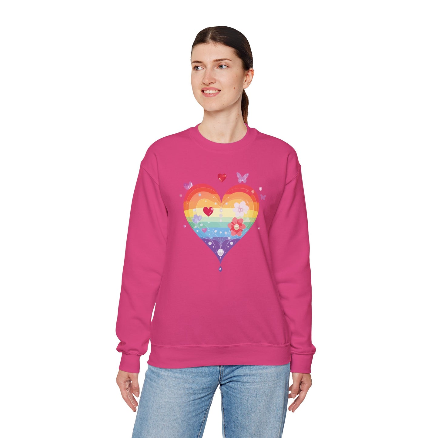 Rainbow Heart Floral Sweatshirt Unisex Valentines Day Graphic Love Sweatshirt Gift Idea