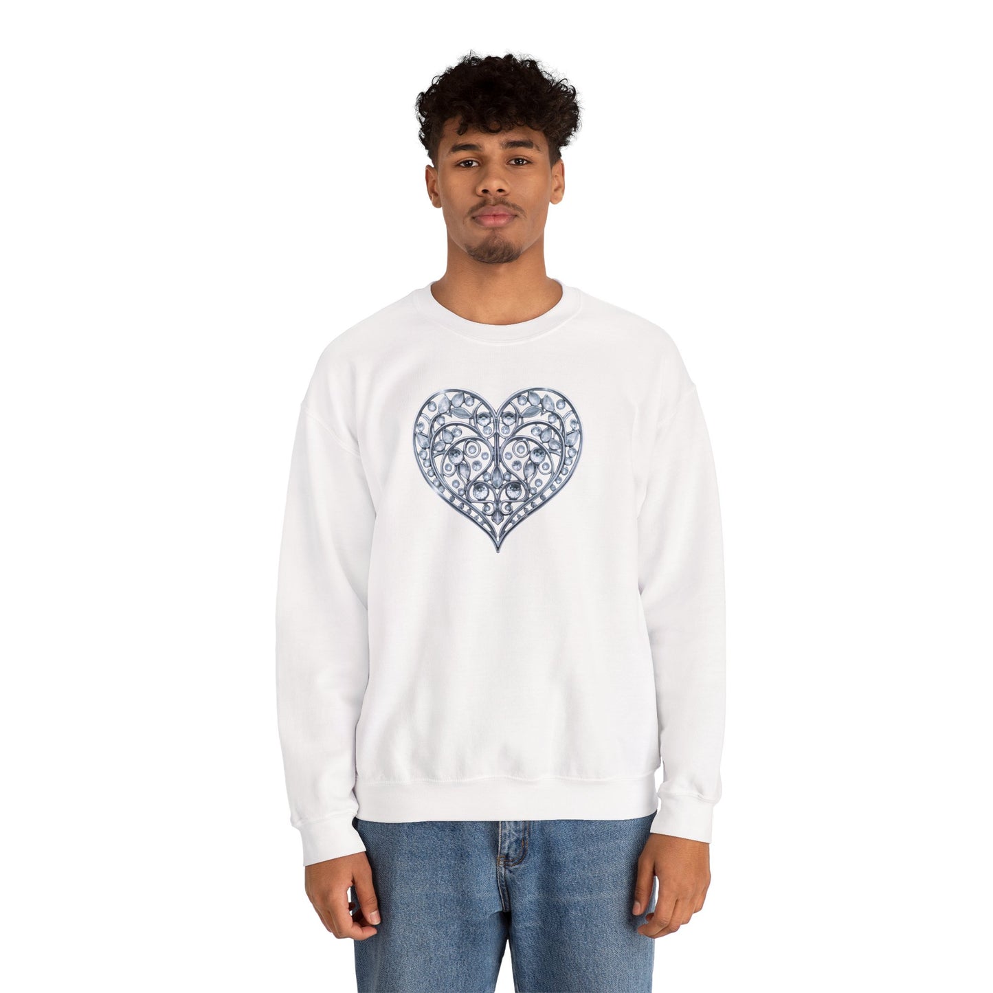 Big Crystal Heart Sweatshirt Unisex Fifty Fifty Cotton Poly Crewneck Valentines Day Sweatshirt