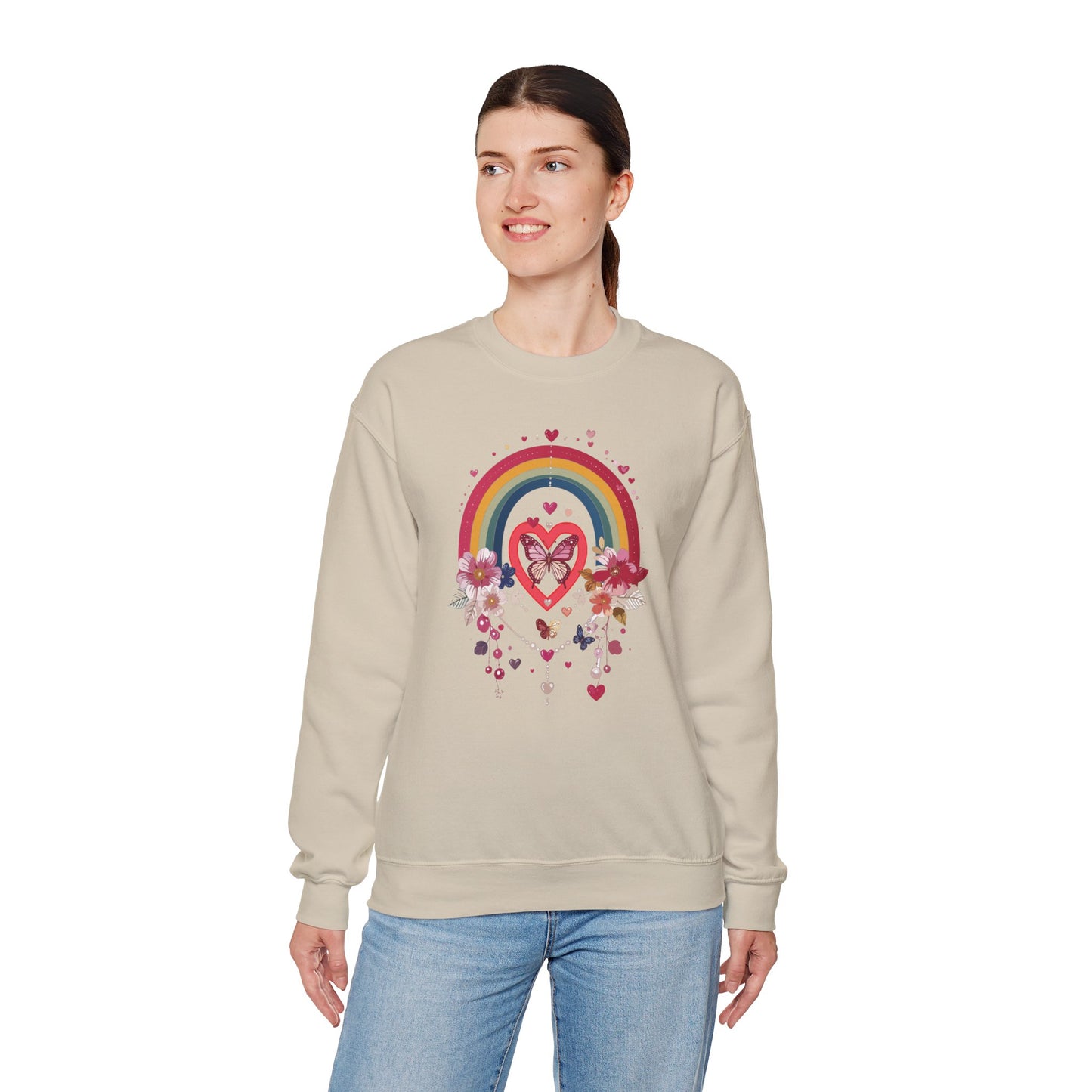 Rainbow Heart Floral Unisex Sweatshirt Crewneck Love Valentine's Day Graphic Gildan 18000