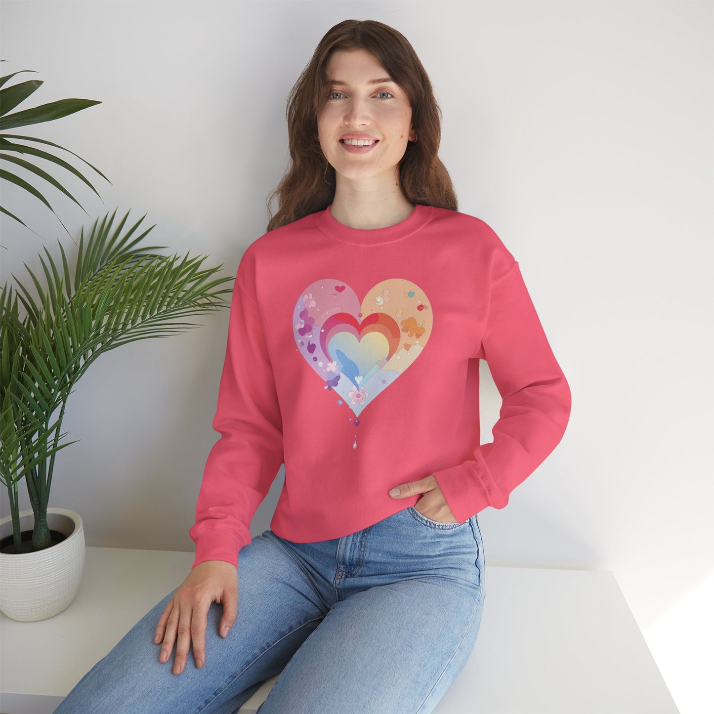 Rainbow Heart Floral Sweatshirt Unisex Valentines Day Gift Cozy Crewneck Sweatshirt