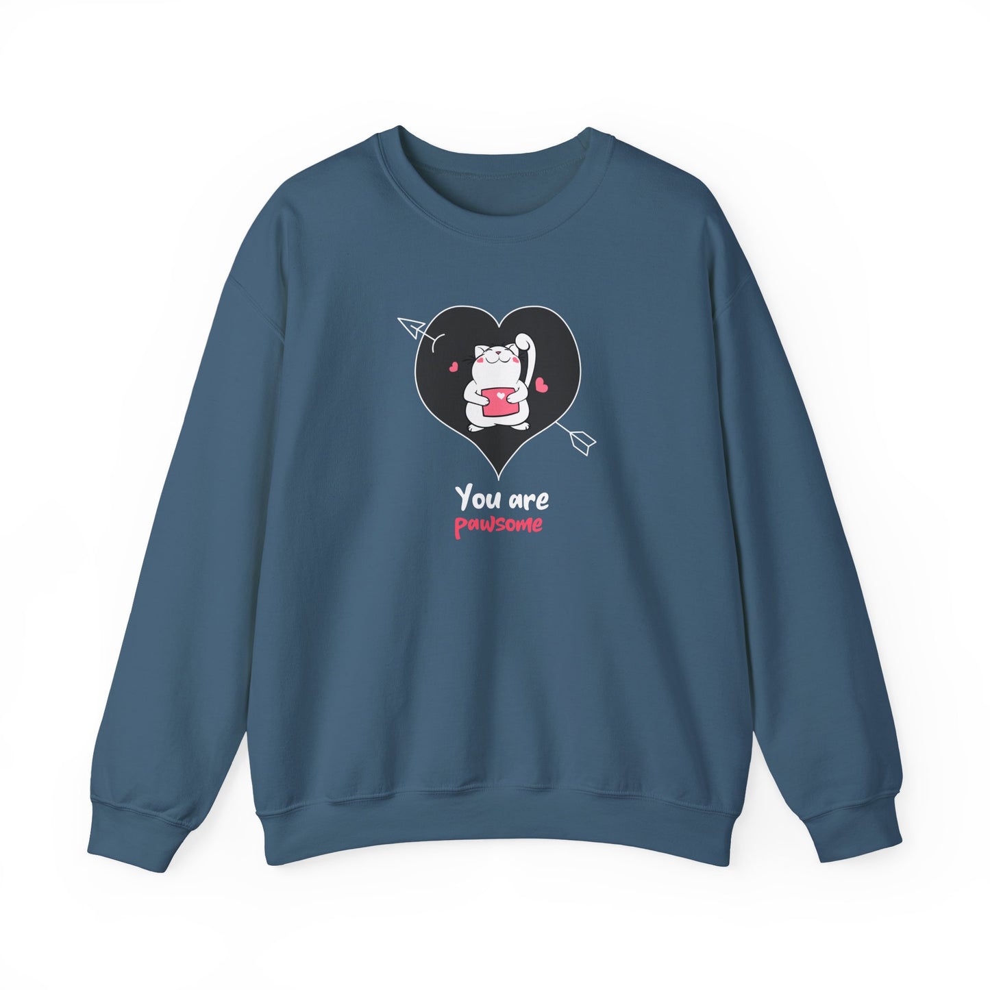 Cat Heart Sweatshirt Unisex Valentines Day Fifty Fifty Cotton Poly Crewneck Gildan 18000