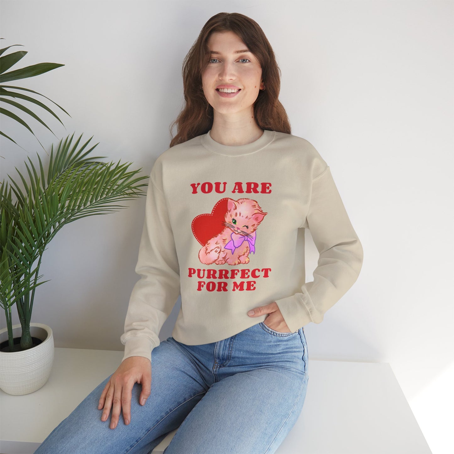 Cat Heart Sweatshirt Unisex Valentines Day Fifty Fifty Cotton Poly Blend Crewneck