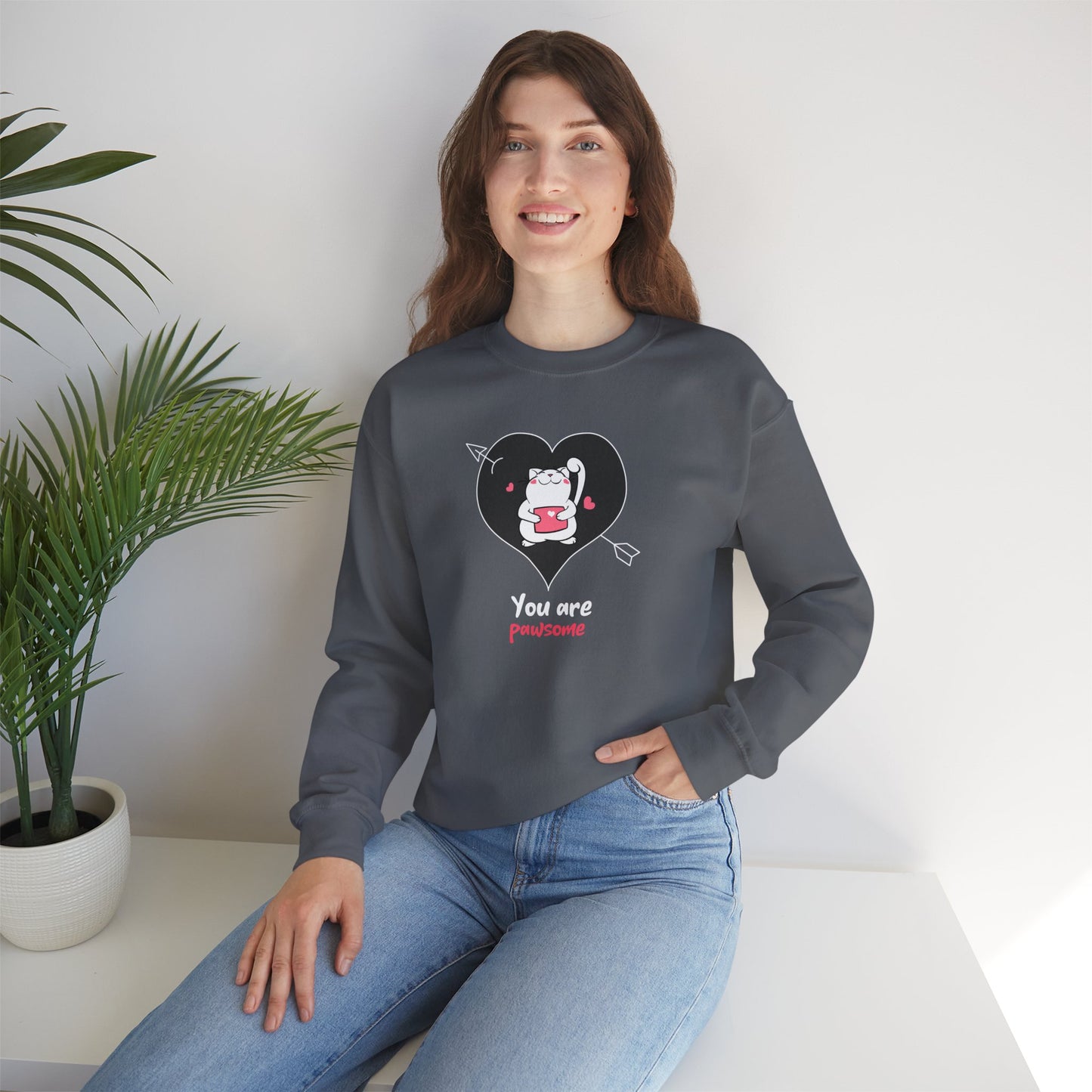 Cat Heart Sweatshirt Unisex Valentines Day Fifty Fifty Cotton Poly Crewneck Gildan 18000