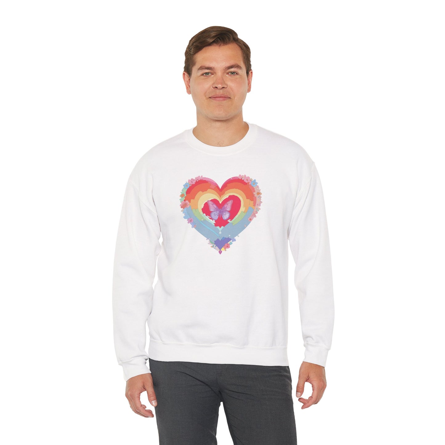 Rainbow Heart Floral Sweatshirt For Valentines Day Unisex Heavy Blend Crewneck Warm