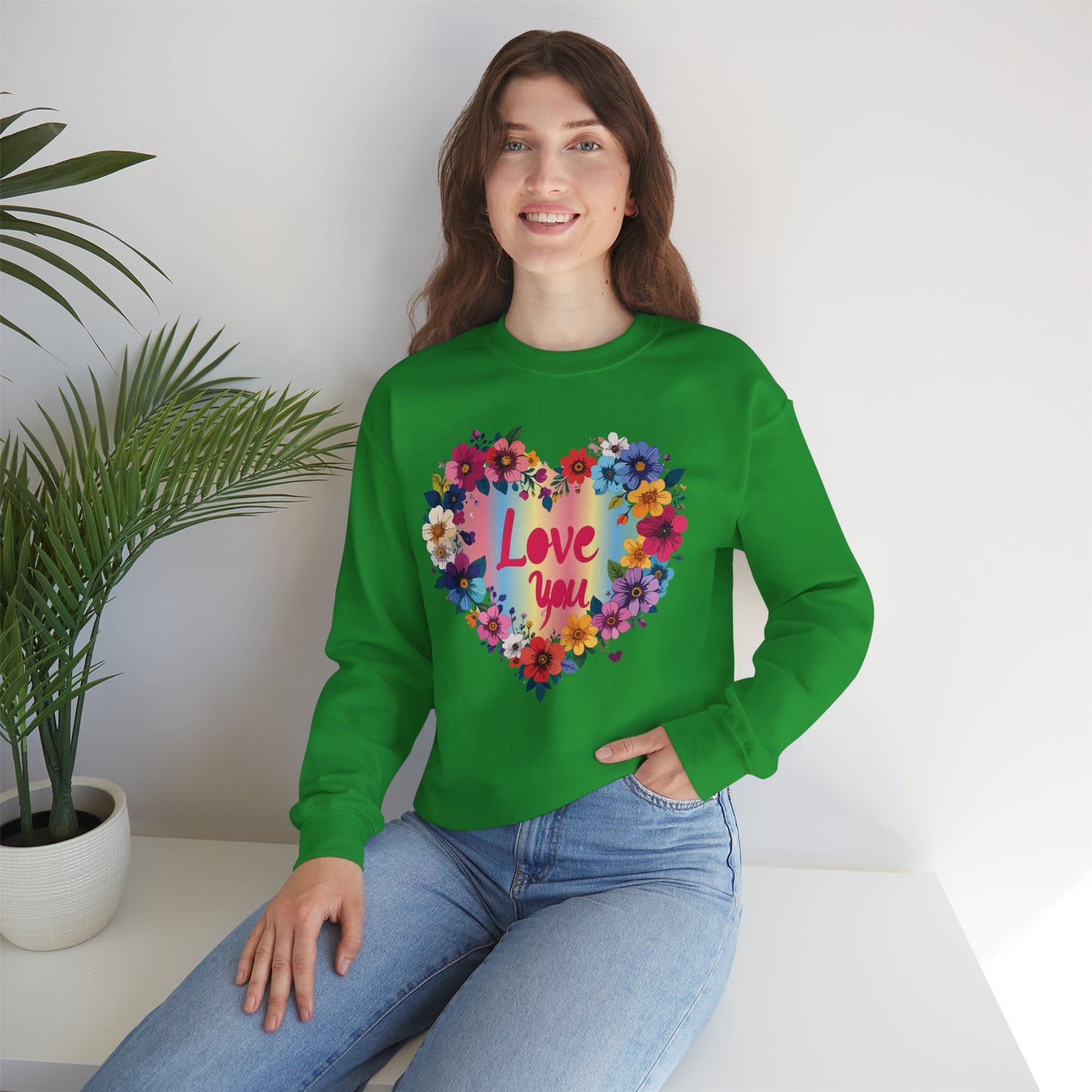 Valentines Day Floral Heart Sweatshirt Unisex Crewneck Floral Love You Gildan 18000 Heavy Blend