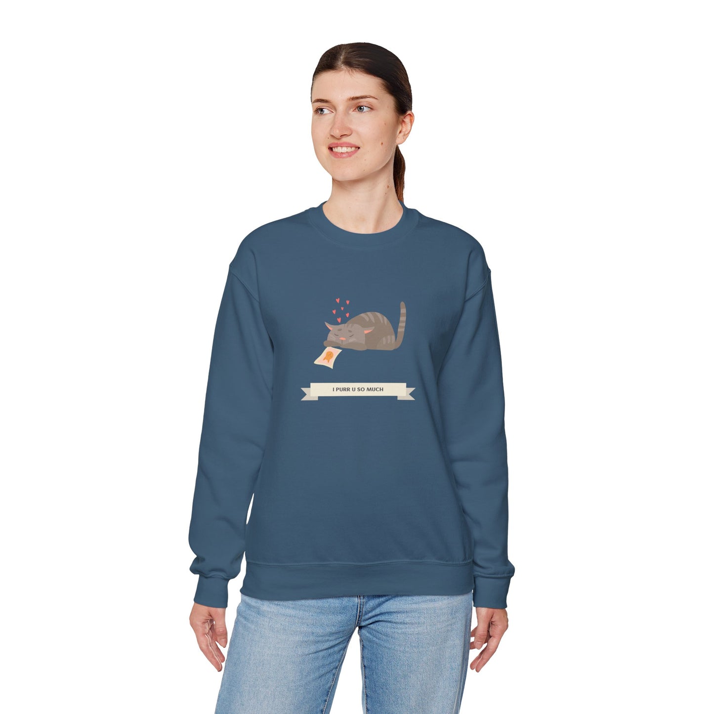 Cat Heart Sweatshirt Unisex 50/50 Cotton Poly Valentine Day Crewneck Gildan 18000