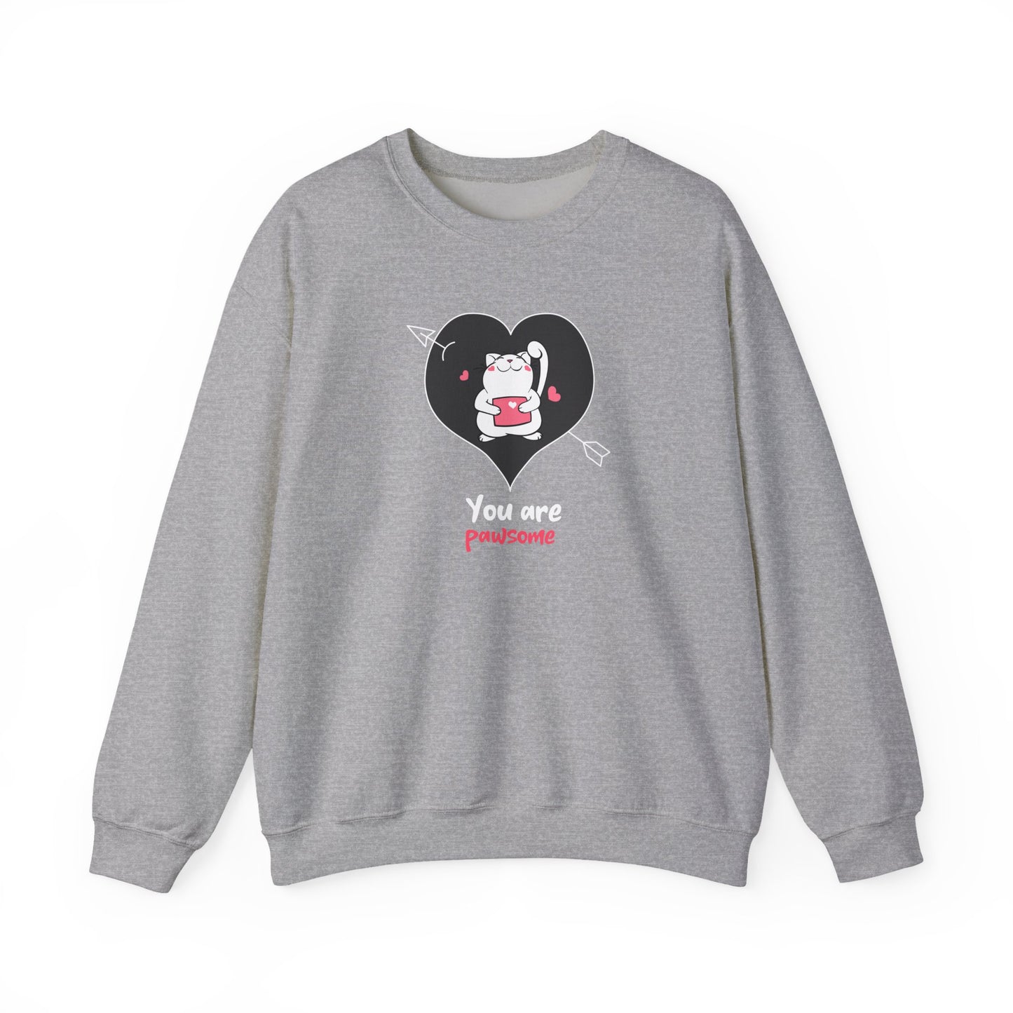 Cat Heart Sweatshirt Unisex Valentines Day Fifty Fifty Cotton Poly Crewneck Gildan 18000