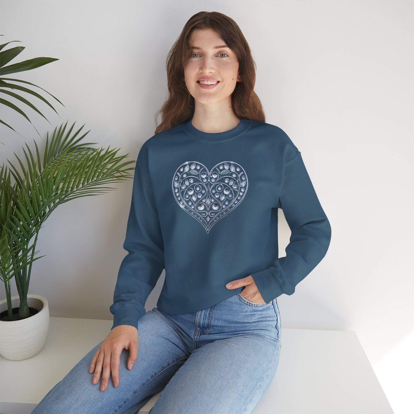 Big Crystal Heart Sweatshirt Unisex Fifty Fifty Cotton Poly Crewneck Valentines Day Sweatshirt