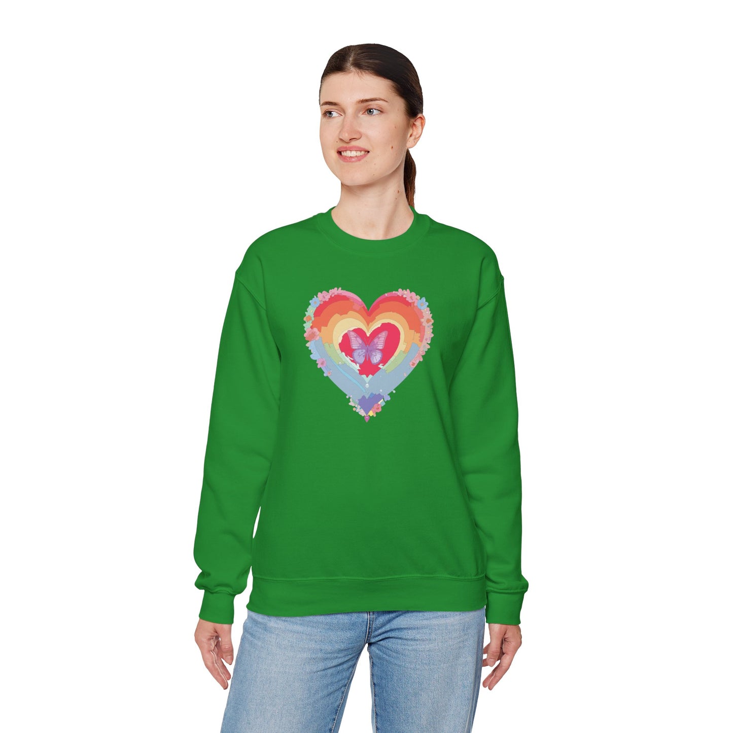 Rainbow Heart Floral Sweatshirt For Valentines Day Unisex Heavy Blend Crewneck Warm