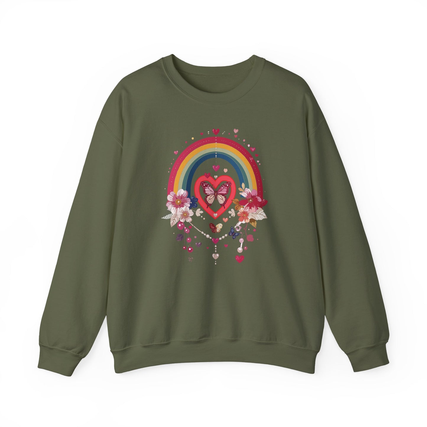 Rainbow Heart Floral Unisex Sweatshirt Crewneck Love Valentine's Day Graphic Gildan 18000