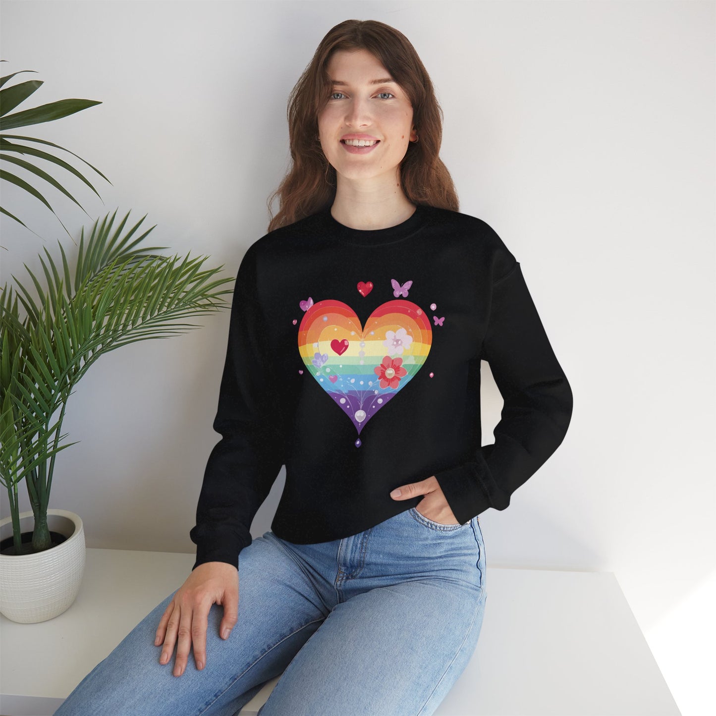 Rainbow Heart Floral Sweatshirt Unisex Valentines Day Graphic Love Sweatshirt Gift Idea