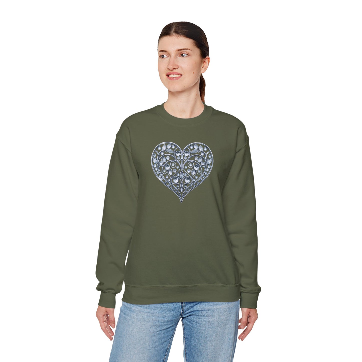 Big Crystal Heart Sweatshirt Unisex Fifty Fifty Cotton Poly Crewneck Valentines Day Sweatshirt