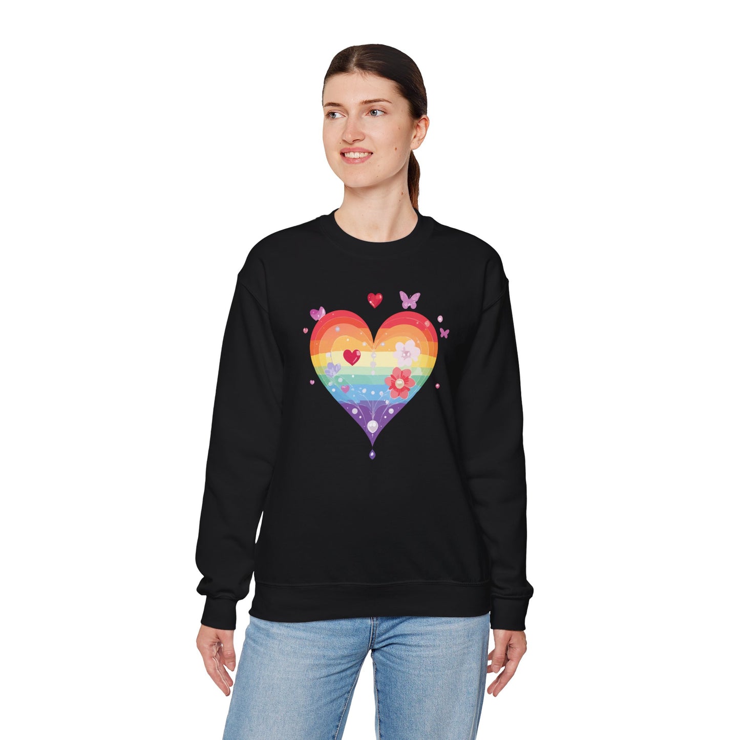 Rainbow Heart Floral Sweatshirt Unisex Valentines Day Graphic Love Sweatshirt Gift Idea