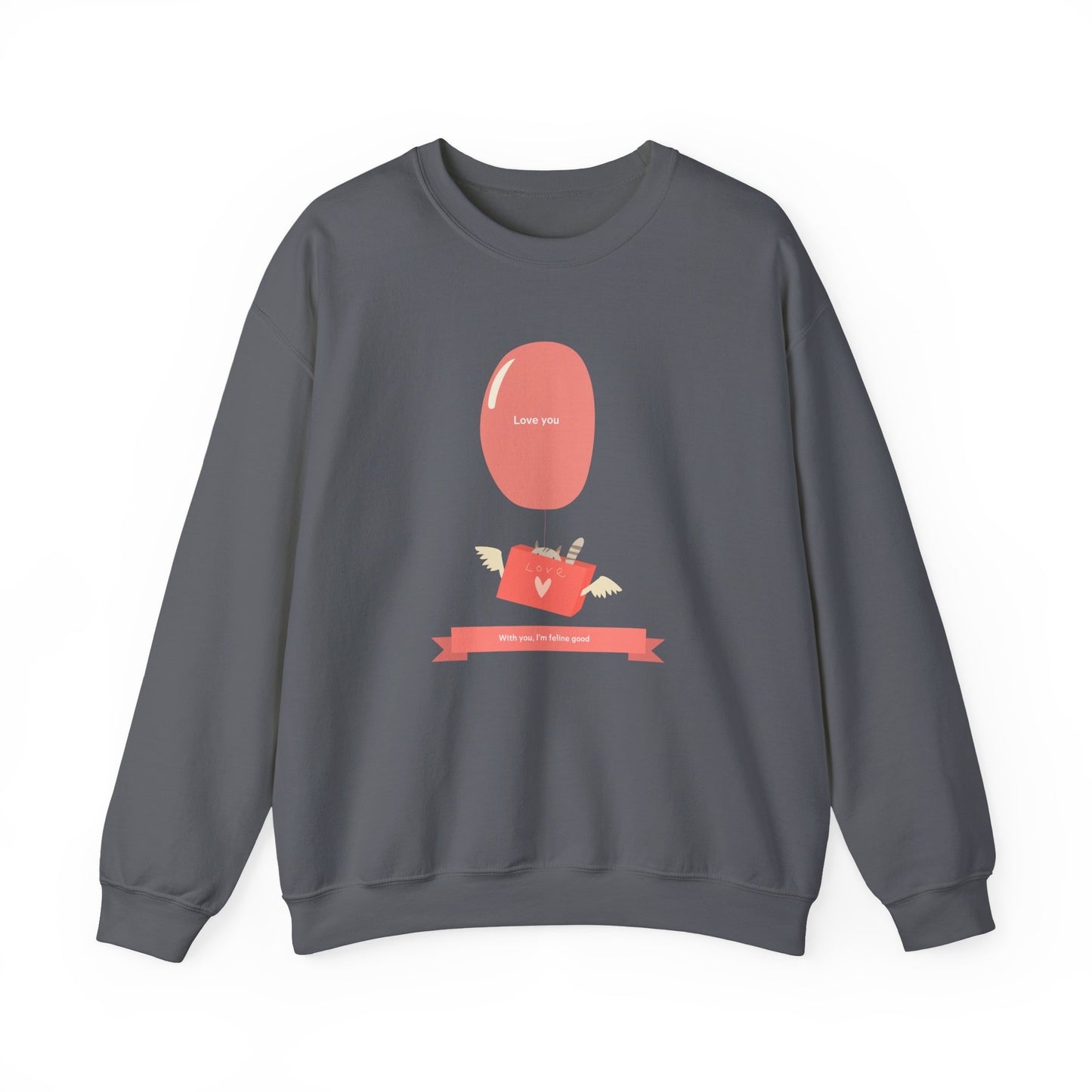 Cat Love Balloon Sweatshirt Unisex Fifty Fifty Cotton Poly Valentine Heavy Blend Crewneck Sweatshirt