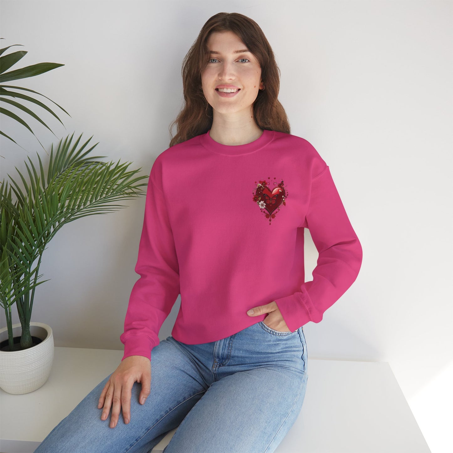 Floral Red Heart Sweatshirt Unisex Valentines Day Love Print Cozy Heavy Blend Crewneck
