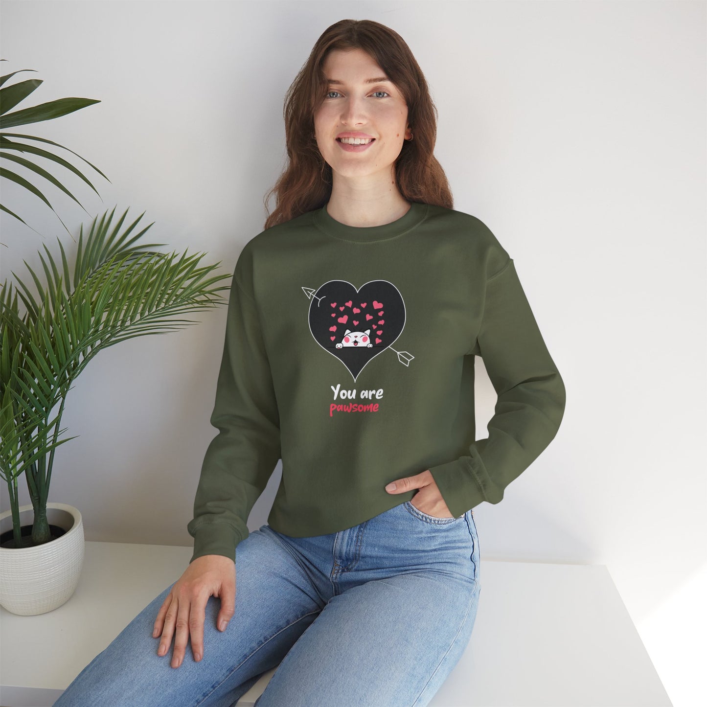Cat Heart Sweatshirt Valentines Day Fifty Fifty Cotton Poly Unisex Crewneck Gift Idea
