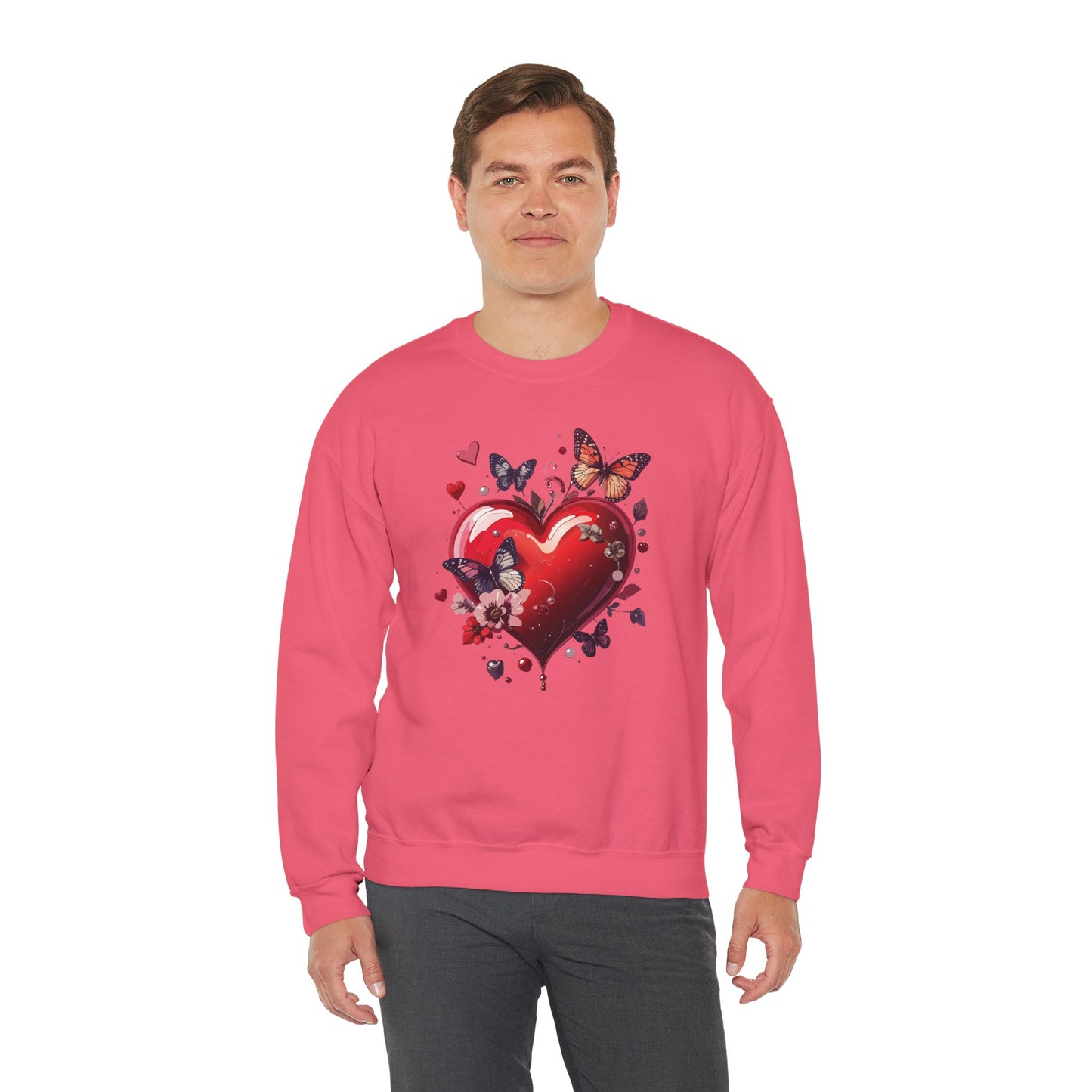 Unisex Heavy Blend Crewneck Sweatshirt Red Heart Floral Design Valentines Day Gift