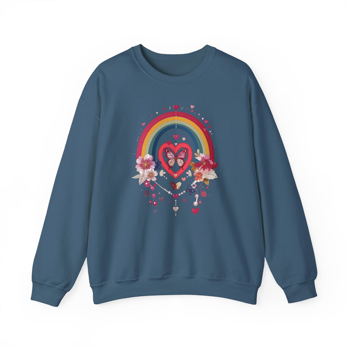 Rainbow Heart Floral Unisex Sweatshirt Crewneck Love Valentine's Day Graphic Gildan 18000