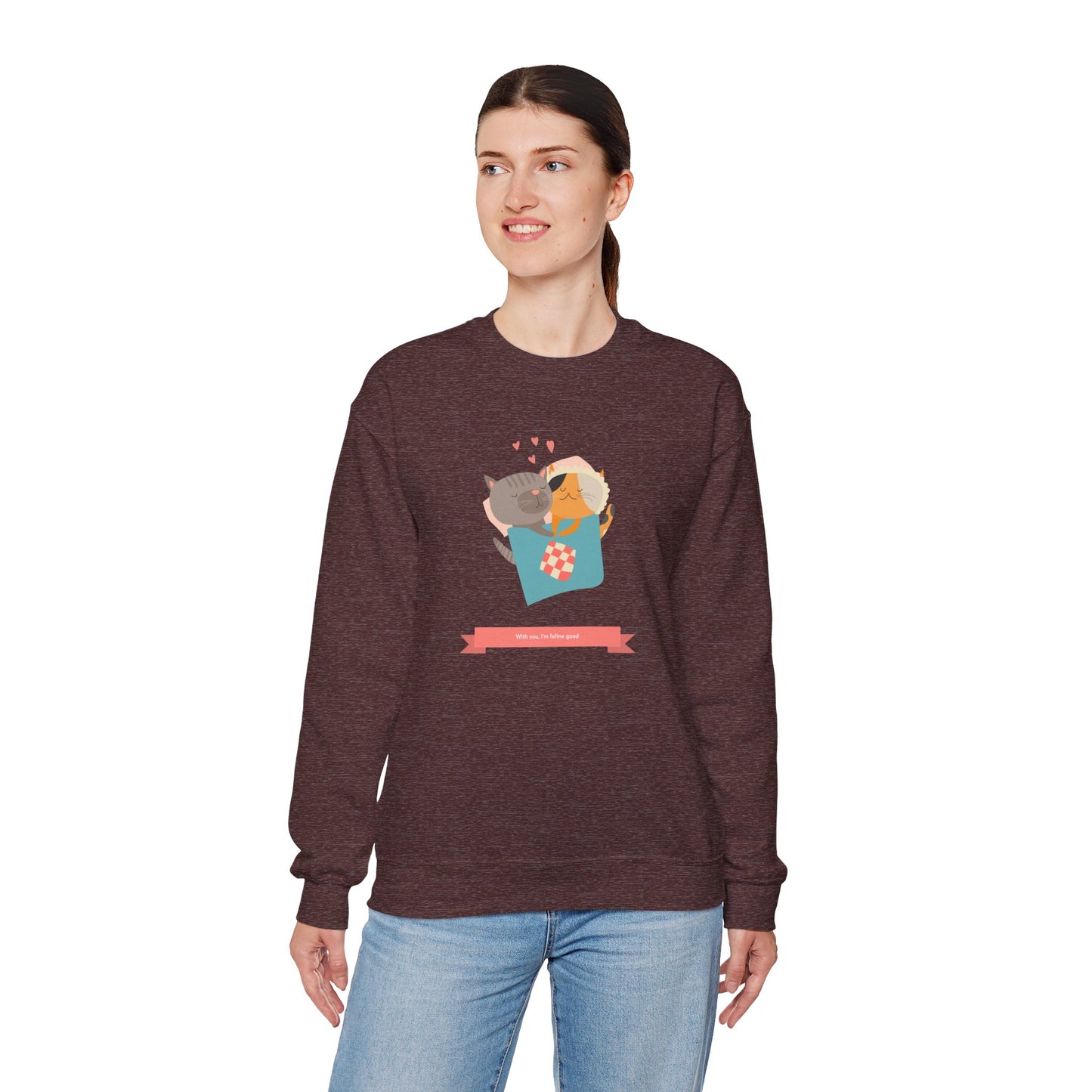 Cat Heart Sweatshirt Unisex Valentines Day 50 50 Cotton Poly Crewneck Gildan 18000