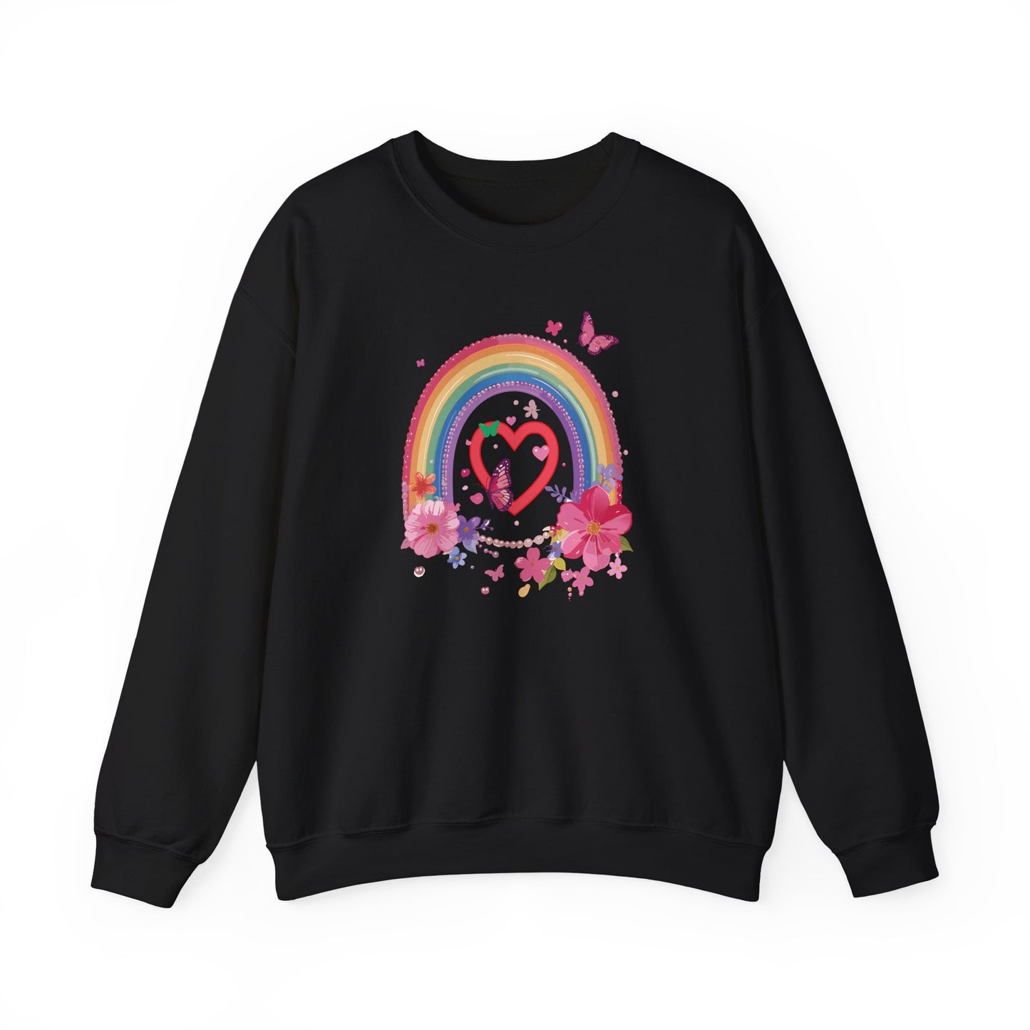 Rainbow Heart Floral Sweatshirt For Valentines Day Unisex Crewneck Gildan 18000 Premium