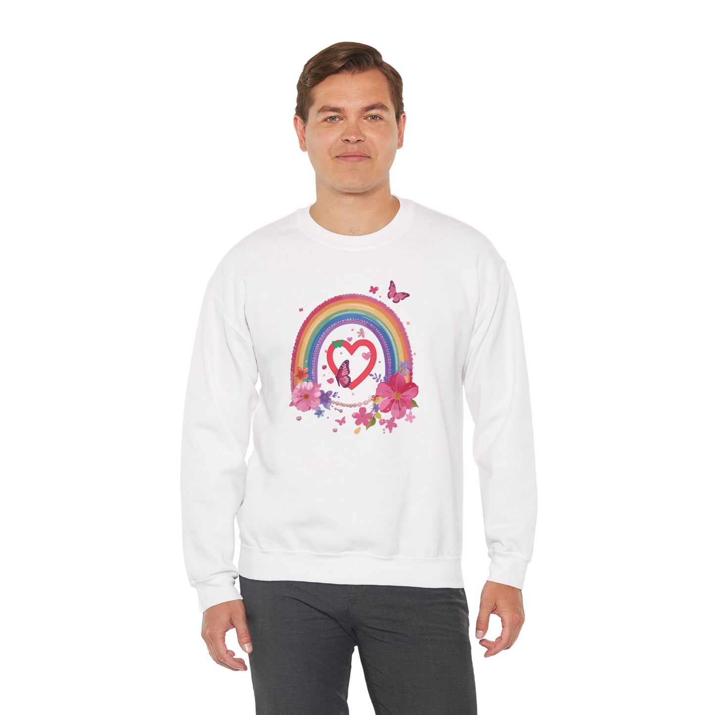 Rainbow Heart Floral Sweatshirt For Valentines Day Unisex Crewneck Gildan 18000 Premium