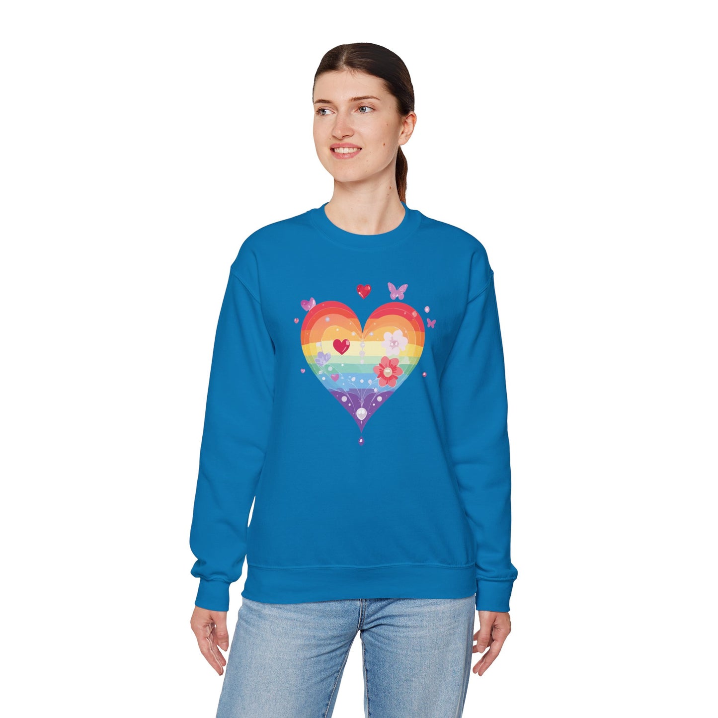 Rainbow Heart Floral Sweatshirt Unisex Valentines Day Graphic Love Sweatshirt Gift Idea