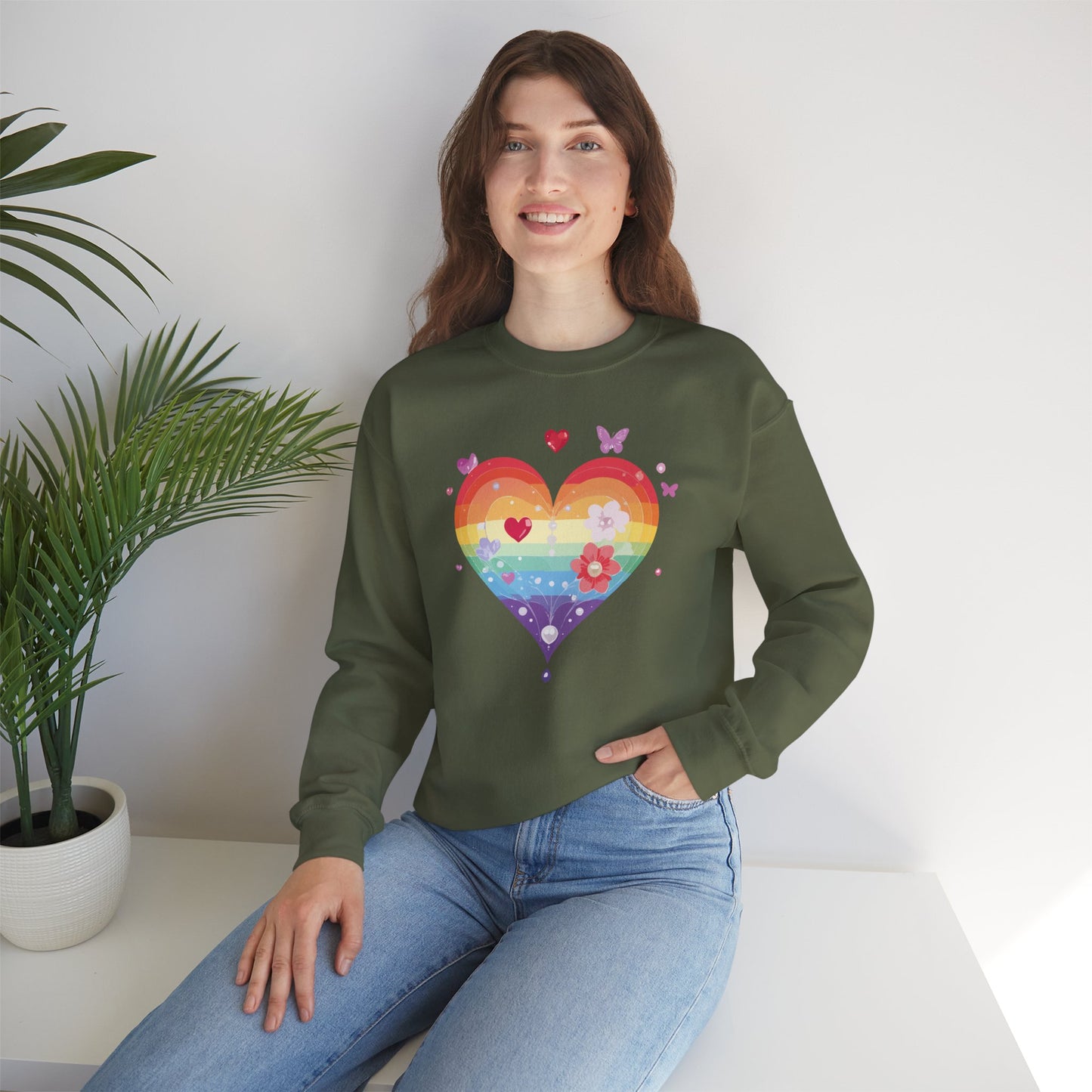 Rainbow Heart Floral Sweatshirt Unisex Valentines Day Graphic Love Sweatshirt Gift Idea
