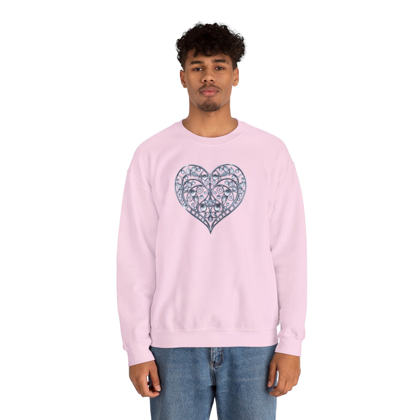 Big Crystal Heart Sweatshirt Unisex Fifty Fifty Cotton Poly Crewneck Valentines Day Sweatshirt