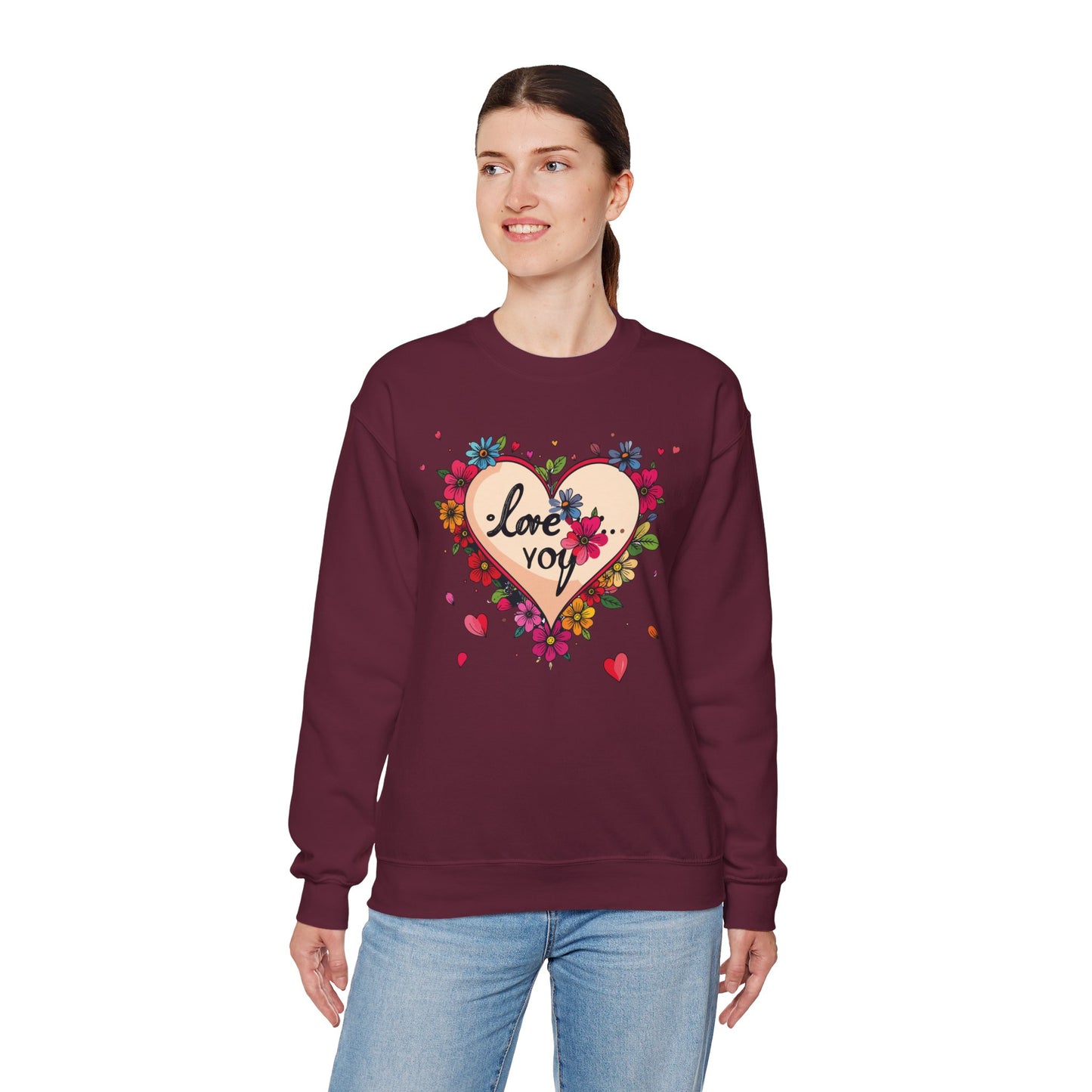 Floral Heart Love Sweatshirt Floral Heart Valentines Day Unisex Crewneck Fifty Fifty Cotton Polyester
