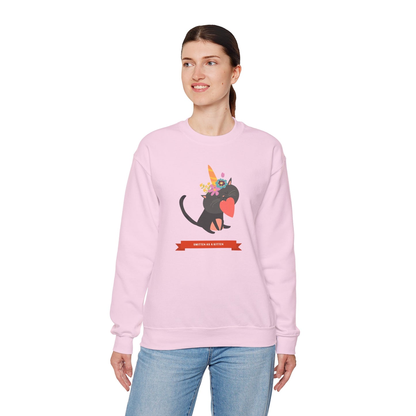 Cat Heart Sweatshirt Unisex Valentine Gift 50/50 Cotton-Poly Crewneck Gildan 18000