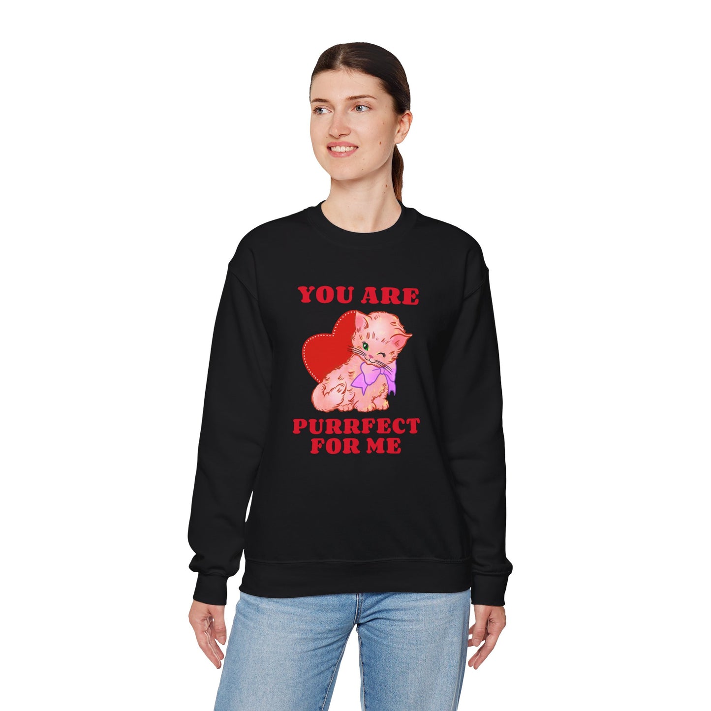 Cat Heart Sweatshirt Unisex Valentines Day Fifty Fifty Cotton Poly Blend Crewneck