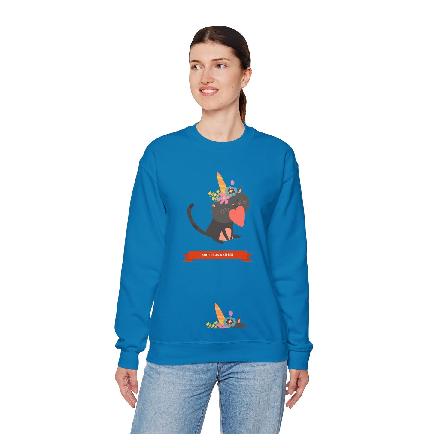 Cat Heart Sweatshirt Unisex Valentine Gift 50/50 Cotton-Poly Crewneck Gildan 18000