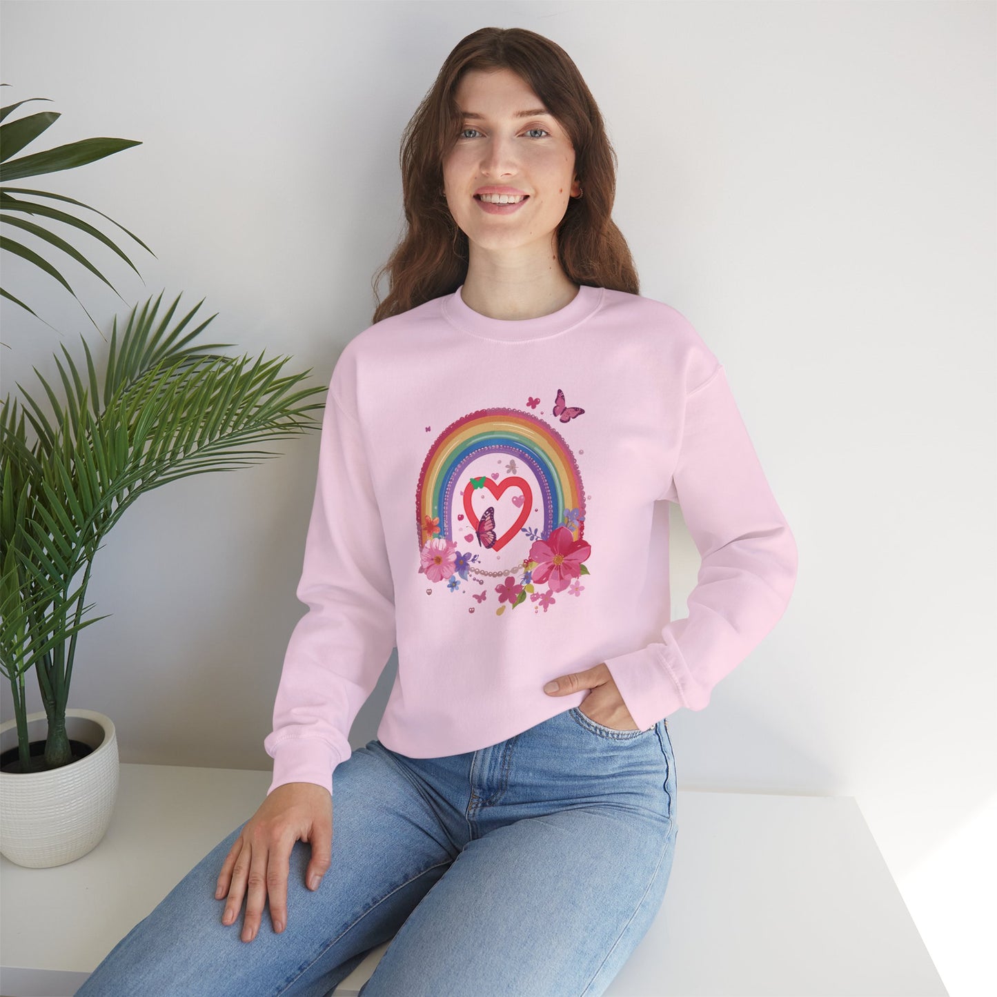 Rainbow Heart Floral Sweatshirt For Valentines Day Unisex Crewneck Gildan 18000 Premium