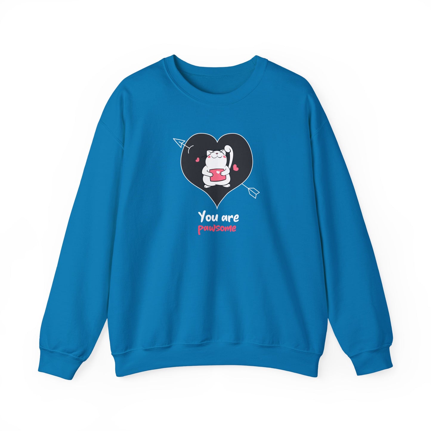 Cat Heart Sweatshirt Unisex Valentines Day Fifty Fifty Cotton Poly Crewneck Gildan 18000