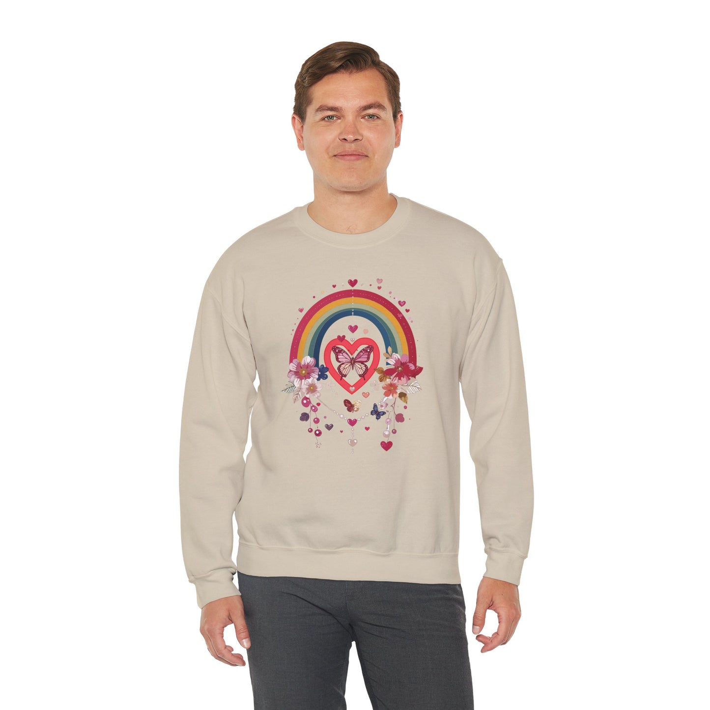 Rainbow Heart Floral Unisex Sweatshirt Crewneck Love Valentine's Day Graphic Gildan 18000