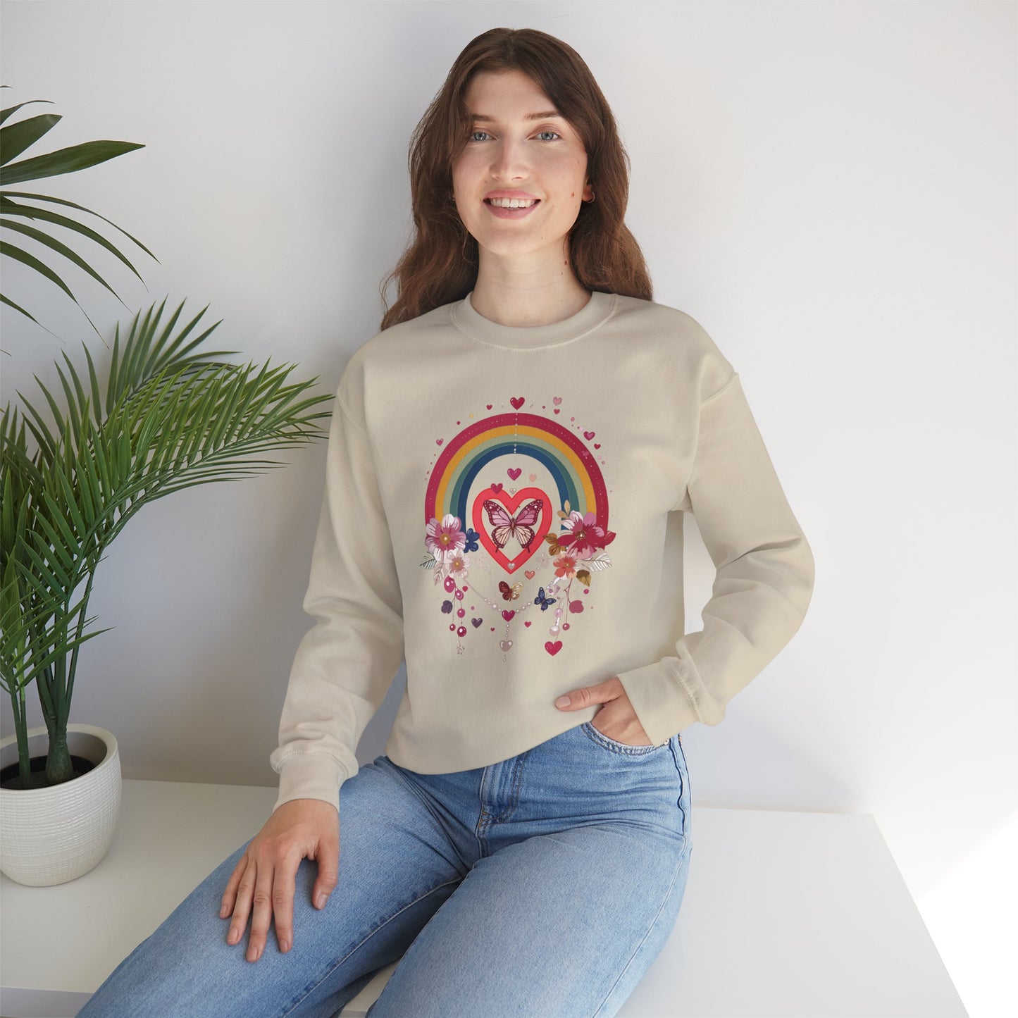 Rainbow Heart Floral Unisex Sweatshirt Crewneck Love Valentine's Day Graphic Gildan 18000