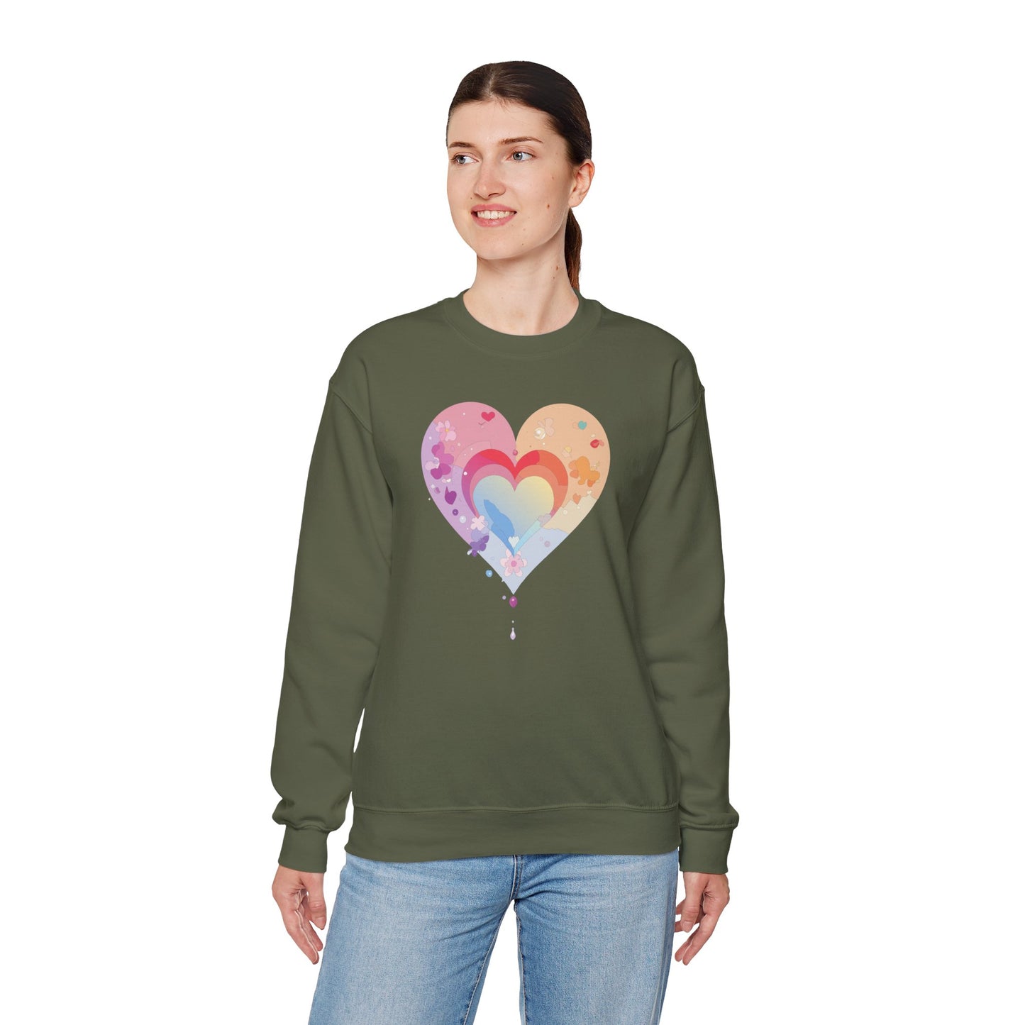 Rainbow Heart Floral Sweatshirt Unisex Valentines Day Gift Cozy Crewneck Sweatshirt