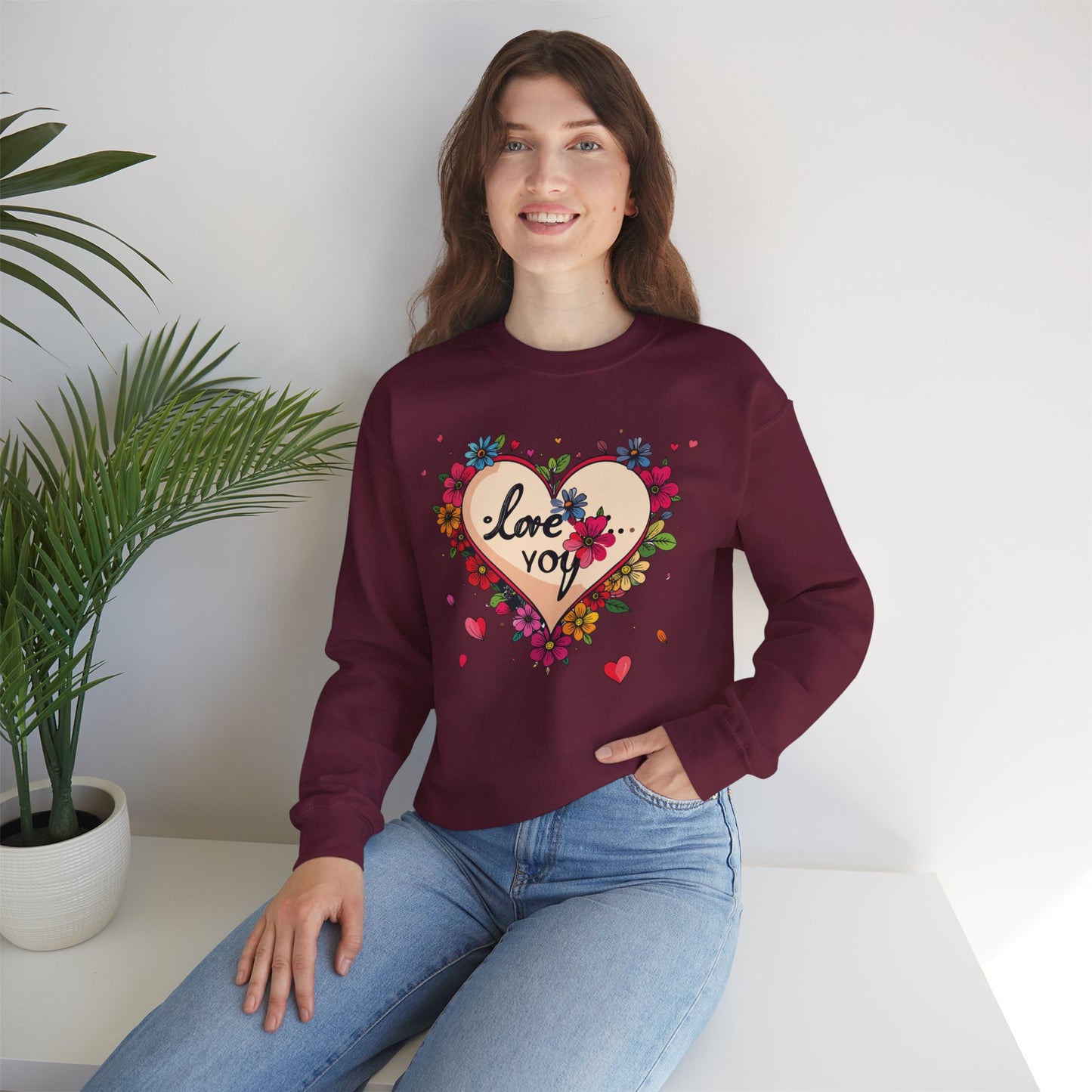 Floral Heart Love Sweatshirt Floral Heart Valentines Day Unisex Crewneck Fifty Fifty Cotton Polyester
