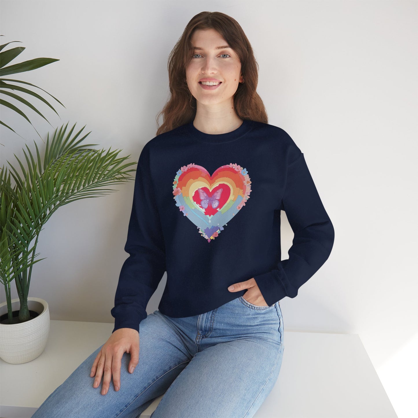 Rainbow Heart Floral Sweatshirt For Valentines Day Unisex Heavy Blend Crewneck Warm