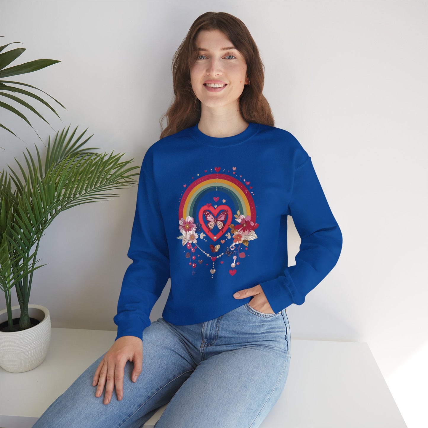 Rainbow Heart Floral Unisex Sweatshirt Crewneck Love Valentine's Day Graphic Gildan 18000