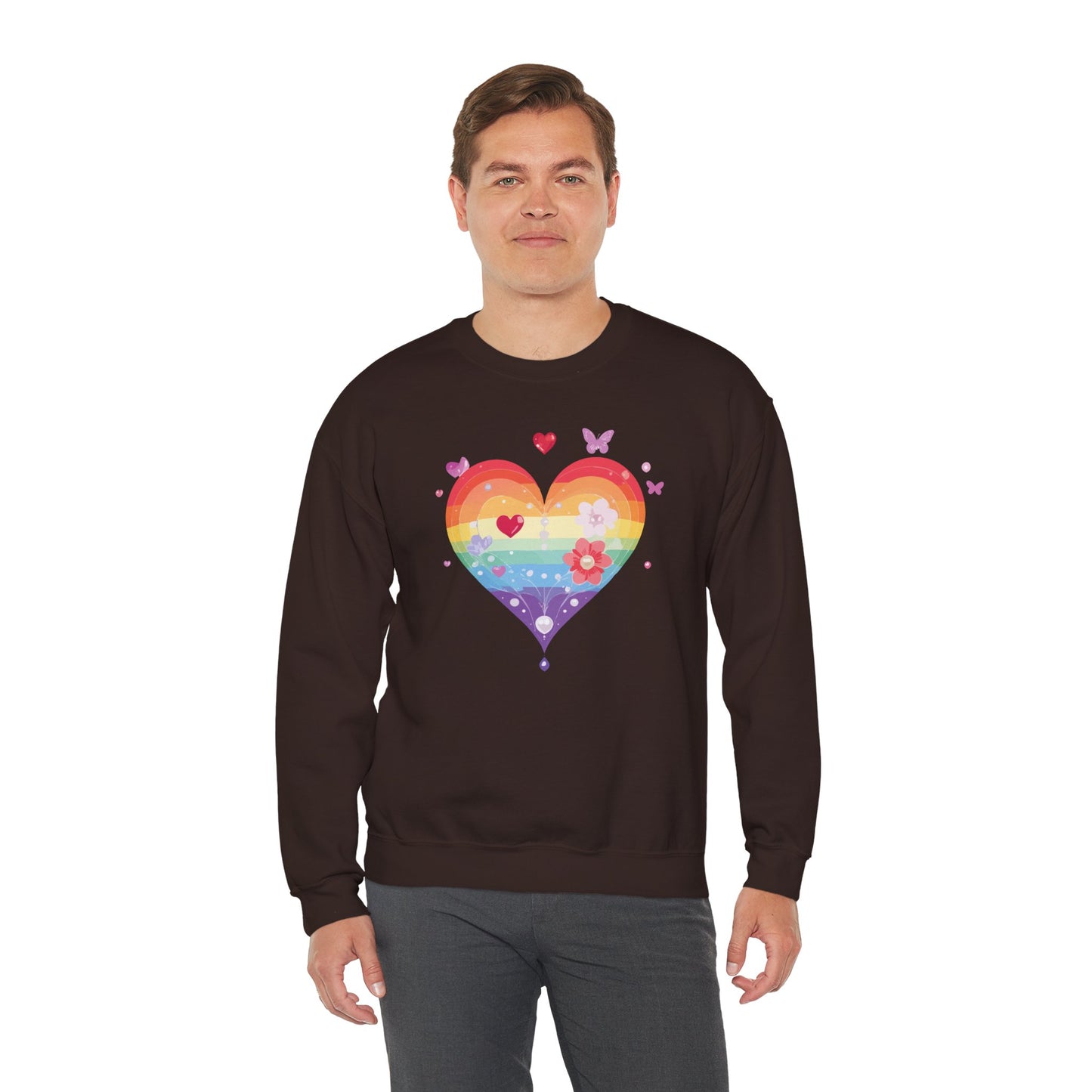 Rainbow Heart Floral Sweatshirt Unisex Valentines Day Graphic Love Sweatshirt Gift Idea