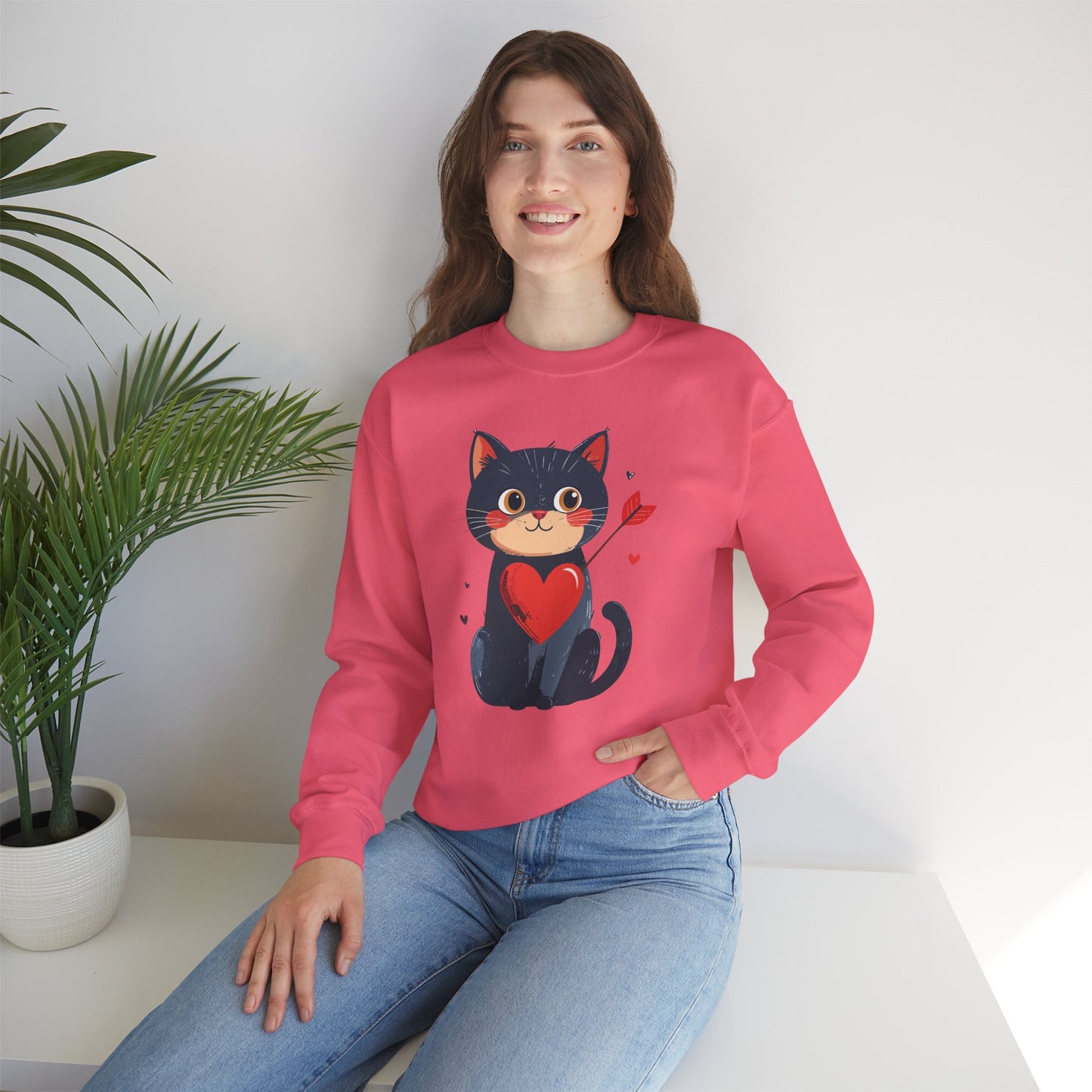 Cat Heart Sweatshirt Unisex Valentines Day Fifty Fifty Cotton Poly 8 Oz Heavy Blend