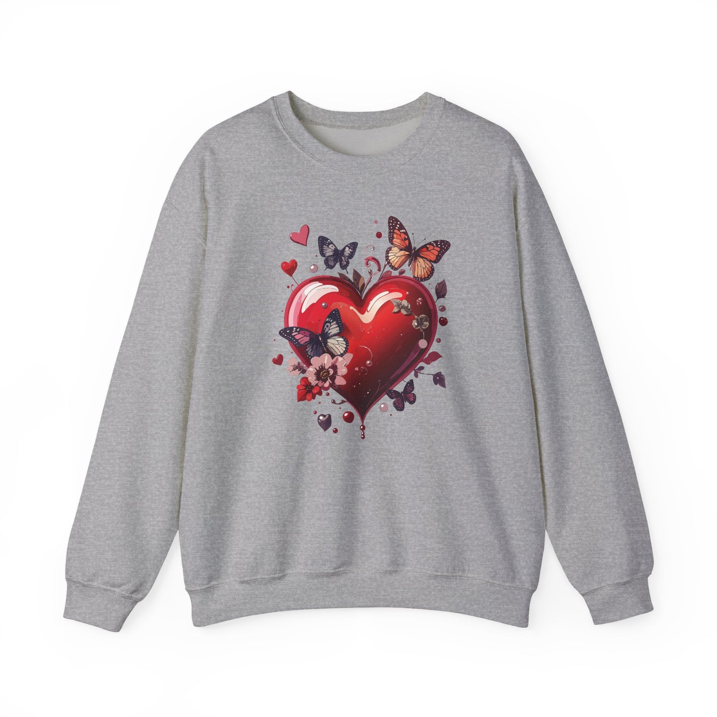 Unisex Heavy Blend Crewneck Sweatshirt Red Heart Floral Design Valentines Day Gift