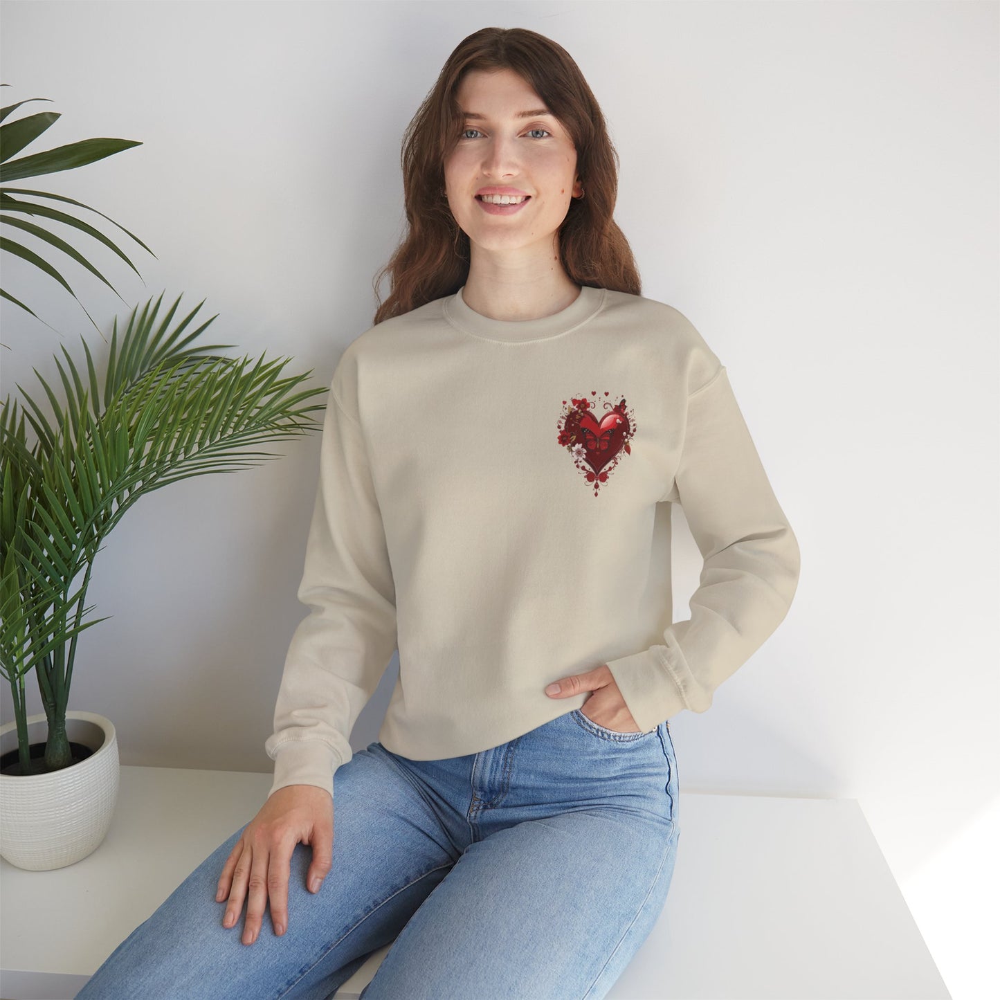 Floral Red Heart Sweatshirt Unisex Valentines Day Love Print Cozy Heavy Blend Crewneck