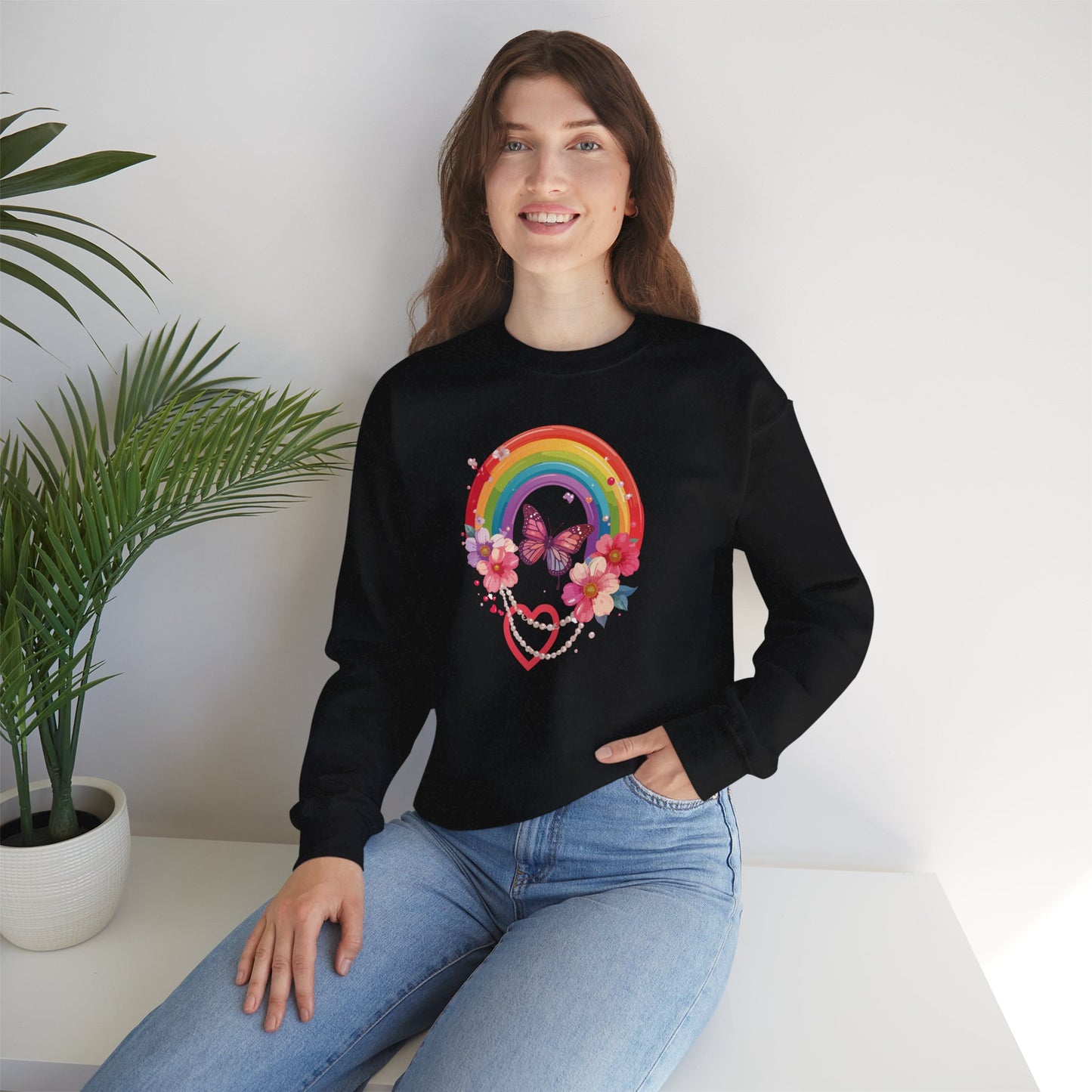 Rainbow Heart Floral Sweatshirt Unisex Valentines Day Love Gift Gildan 18000 Sweatshirt