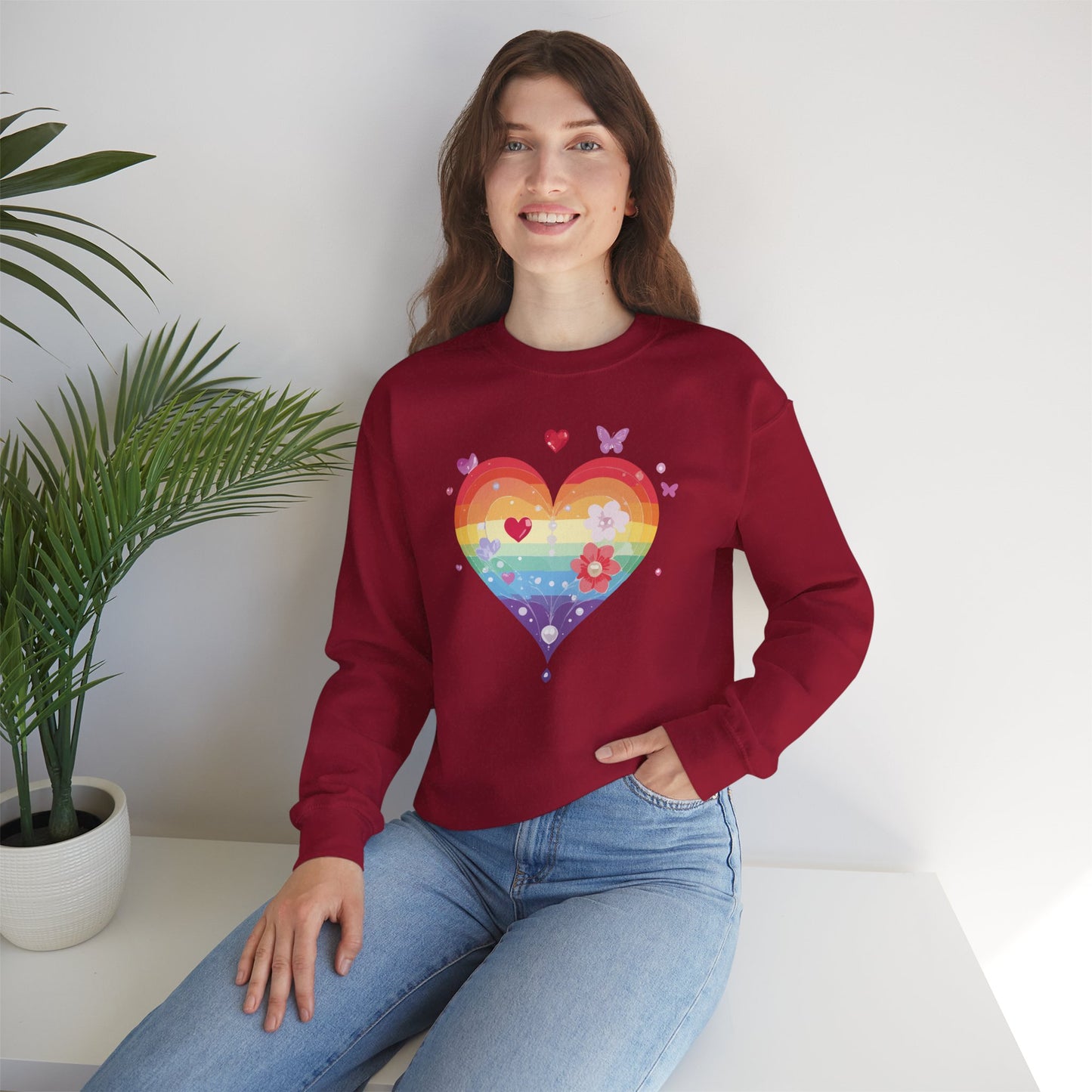 Rainbow Heart Floral Sweatshirt Unisex Valentines Day Graphic Love Sweatshirt Gift Idea