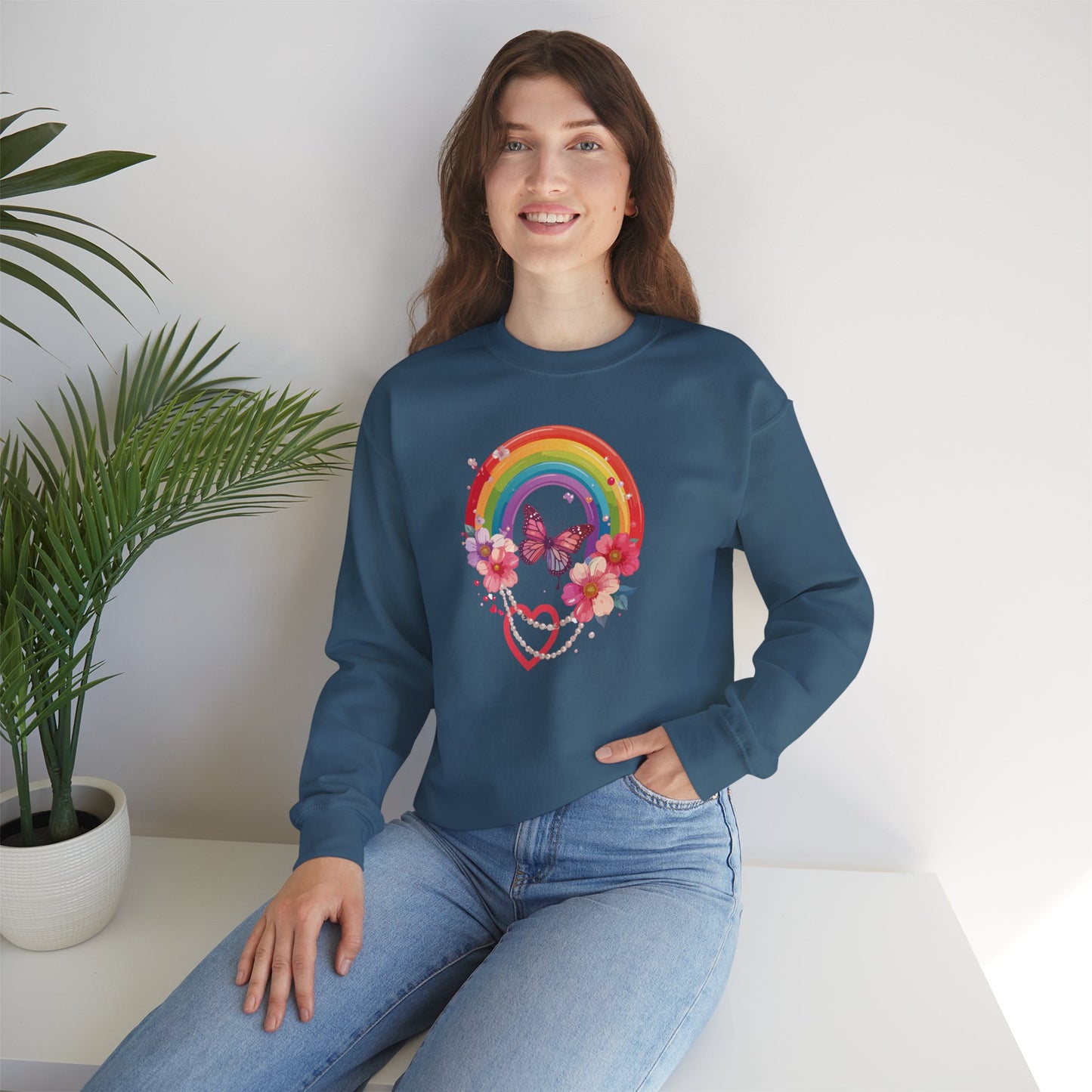 Rainbow Heart Floral Sweatshirt Unisex Valentines Day Love Gift Gildan 18000 Sweatshirt