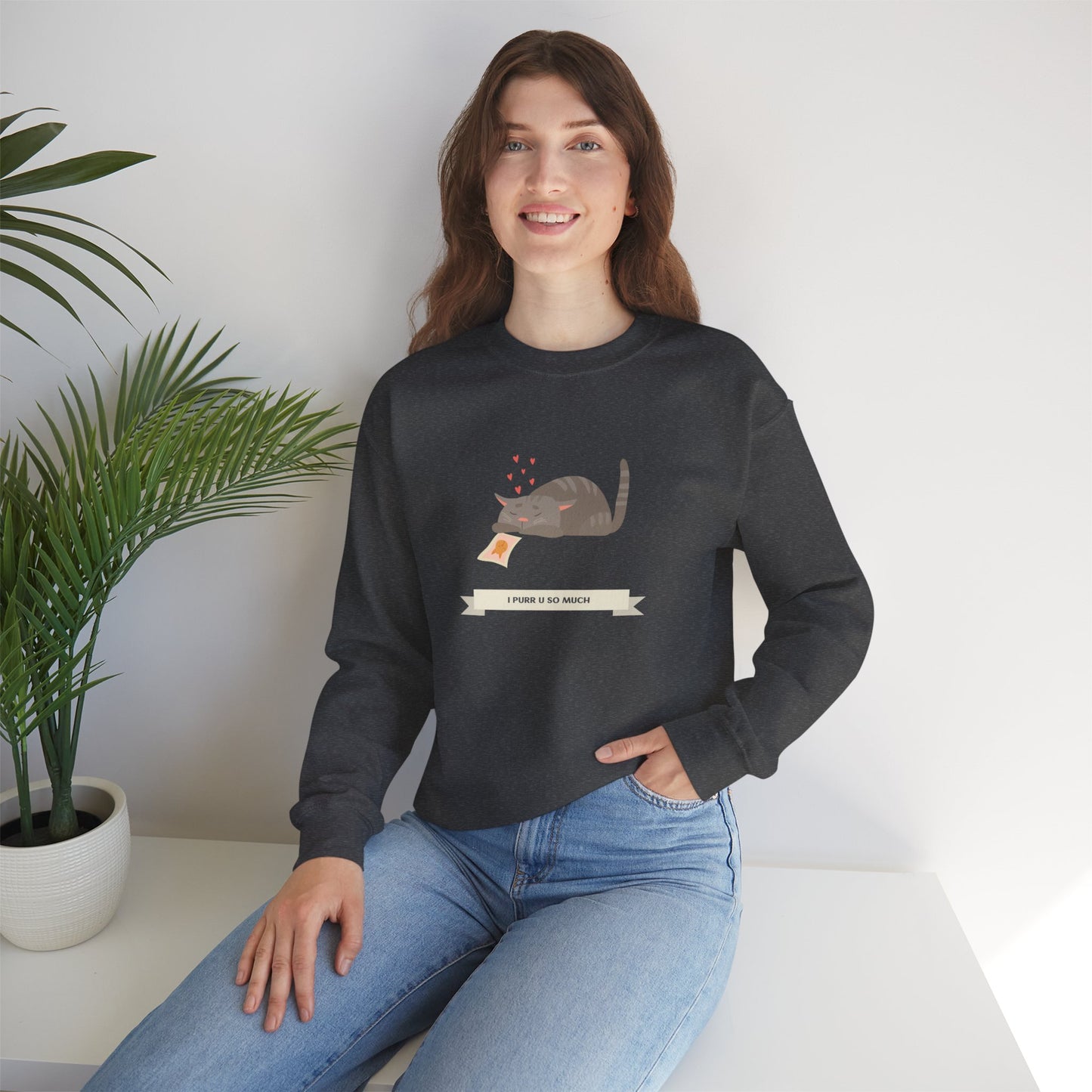 Cat Heart Sweatshirt Unisex 50/50 Cotton Poly Valentine Day Crewneck Gildan 18000