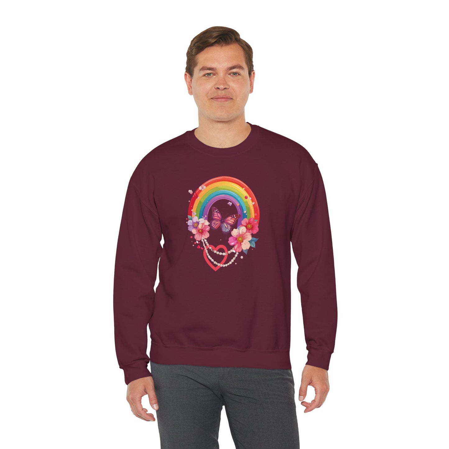 Rainbow Heart Floral Sweatshirt Unisex Valentines Day Love Gift Gildan 18000 Sweatshirt
