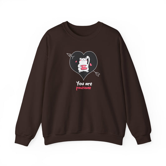 Cat Heart Sweatshirt Unisex Valentines Day Fifty Fifty Cotton Poly Crewneck Gildan 18000